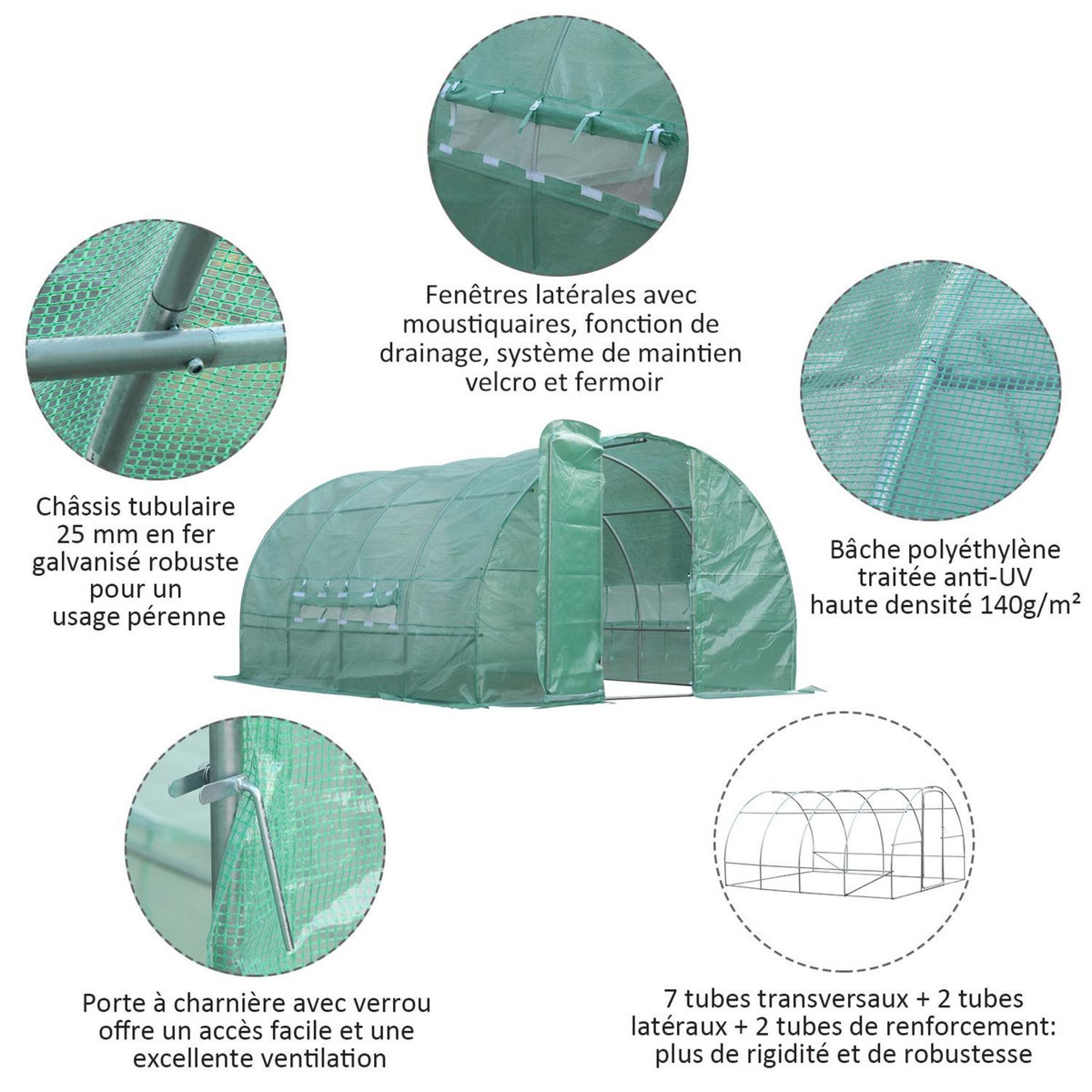 OUTSUNNY Serre de jardin tunnel 12 m² 4L x 3l x 2H m acier galvanisé renforcé diamètre 2,5 cm + PE haute densité fenêtres porte vert