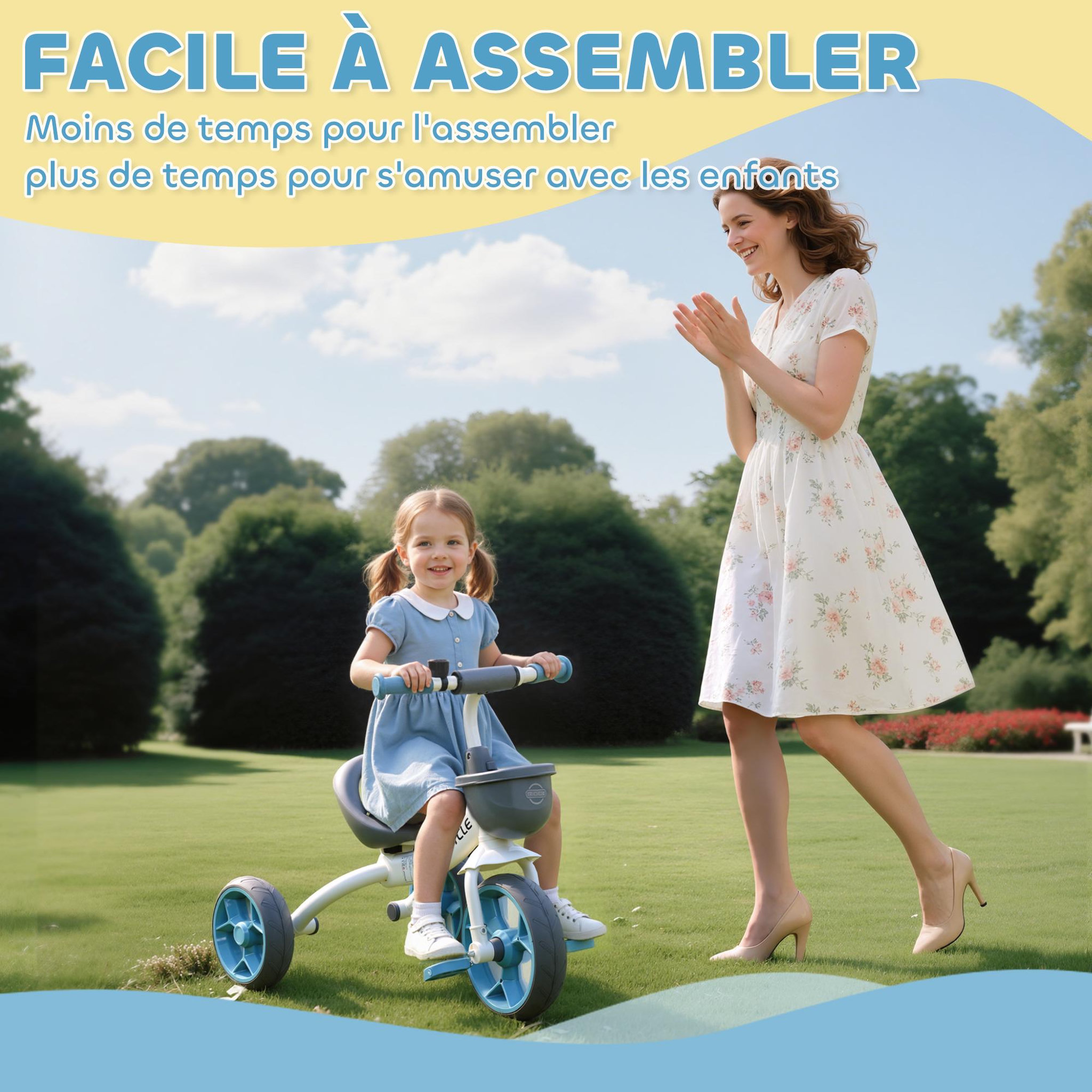 Voir la diapositive 6 : HOMCOM Tricycle enfant multi-équipé garde-boue avant sonnette pédales antidérapantes selle avec dossier bleu blanc gris