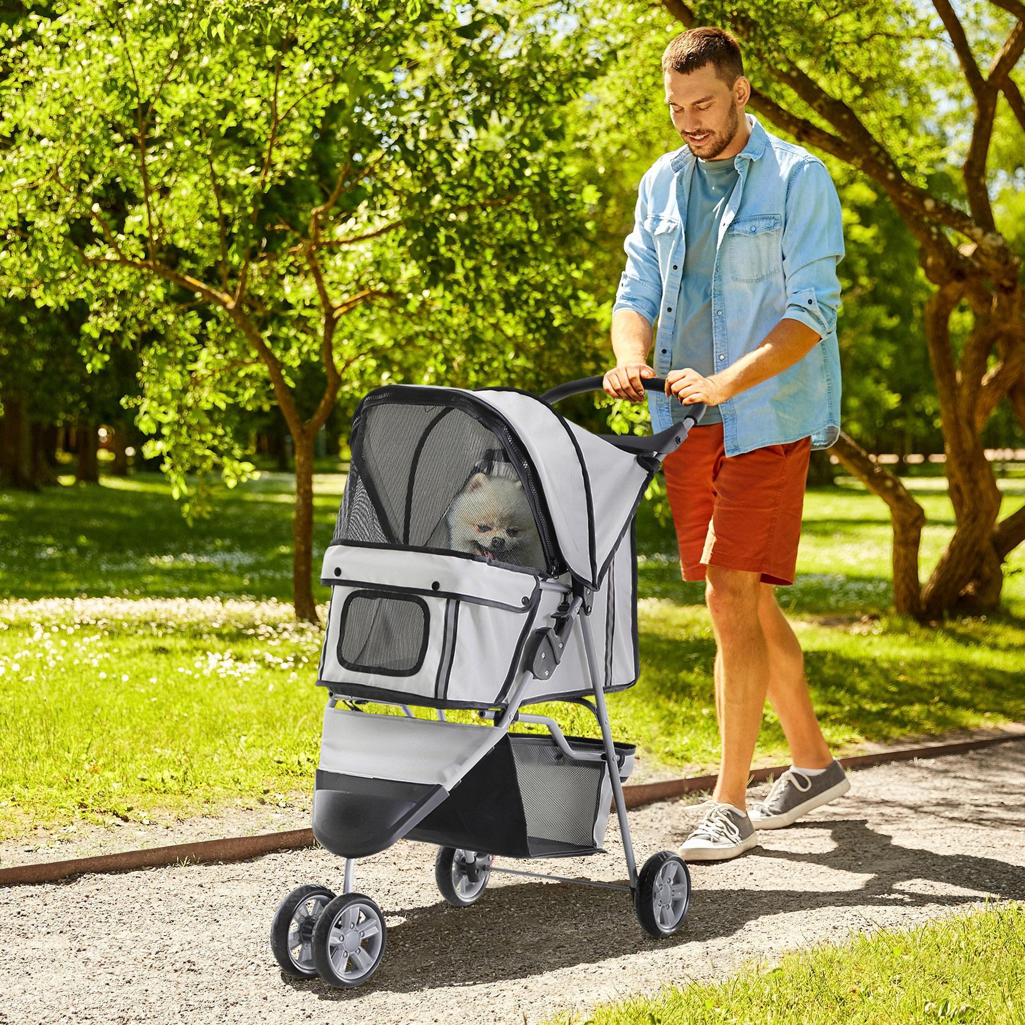 Voir la diapositive 2 : PAWHUT Poussette buggy pliable animaux chariot pliant chien chat porte-gobelet panier de rangement inclus roues avec frein tissu 600d oxford métal gris