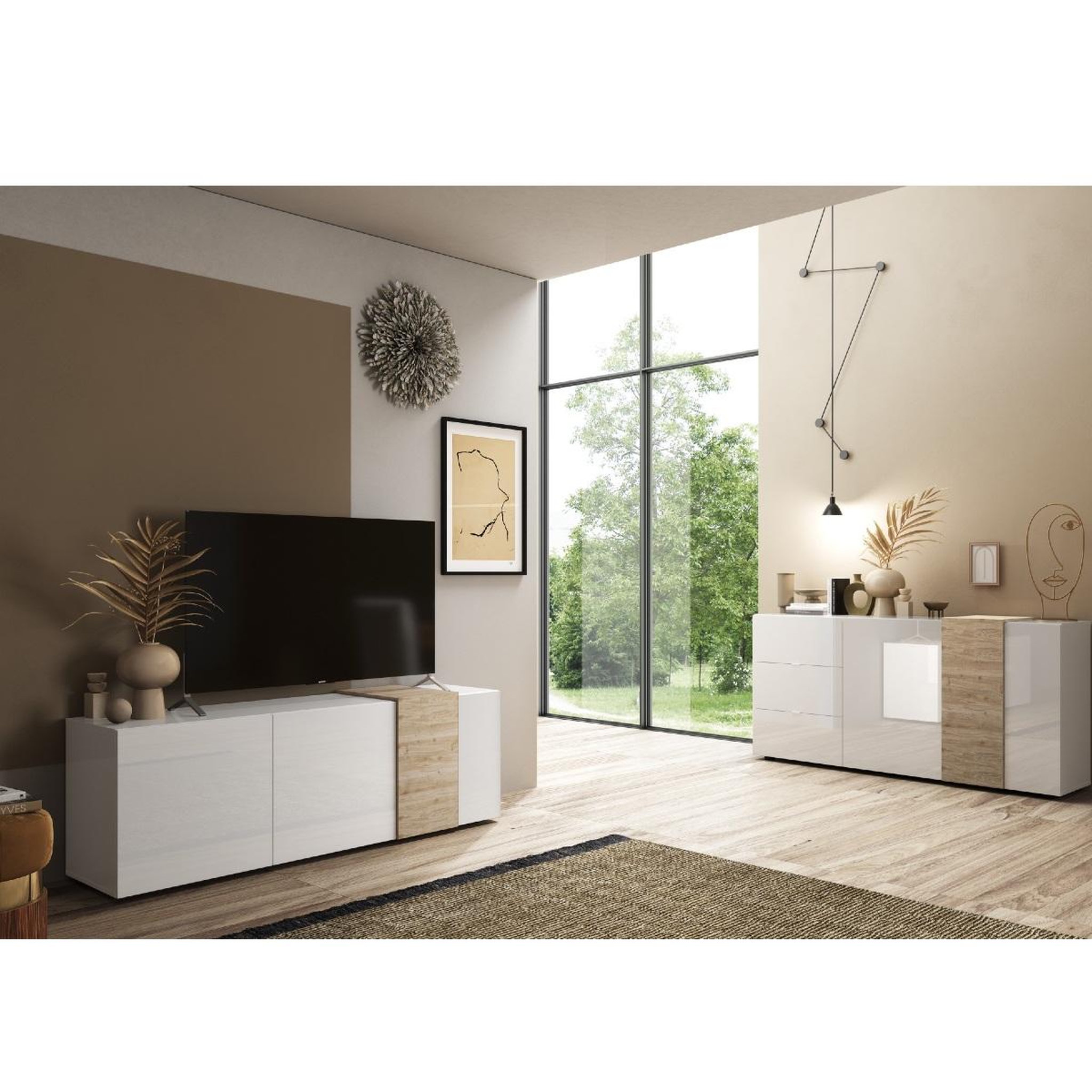 Voir la diapositive 4 : JLC KREATION Buffet bas moderne blanc et bois 3 portes SIA