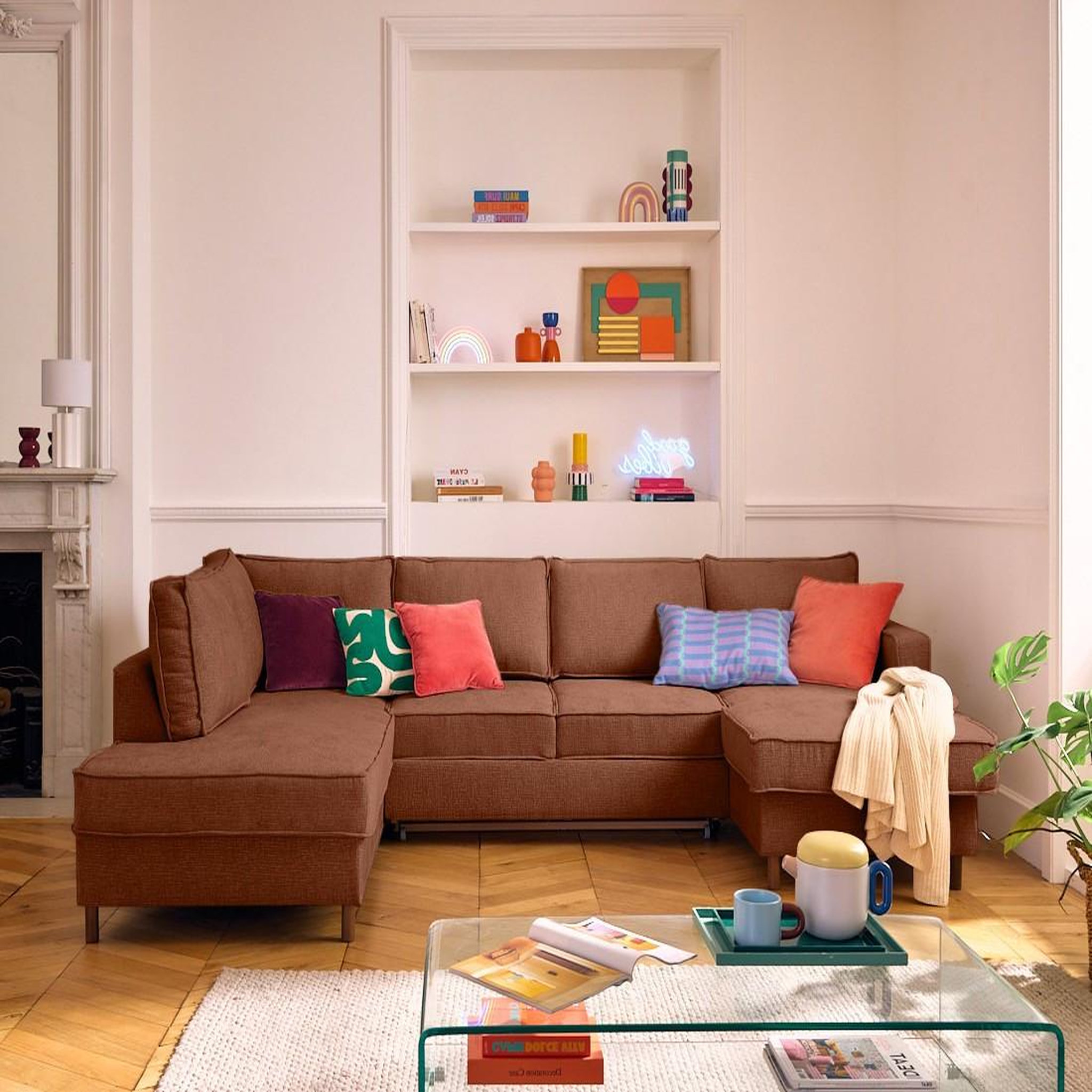 Voir la diapositive 1 : LISA DESIGN Jake - canapé panoramique d'angle gauche 7 places convertible avec coffre en tissu velours relief