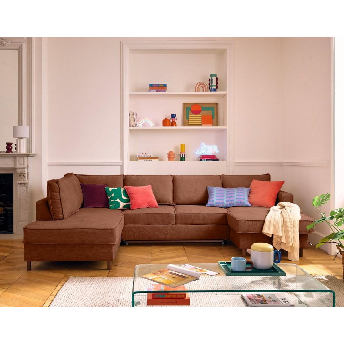 LISA DESIGN Jake - canapé panoramique d'angle gauche 7 places convertible avec coffre en tissu velours relief