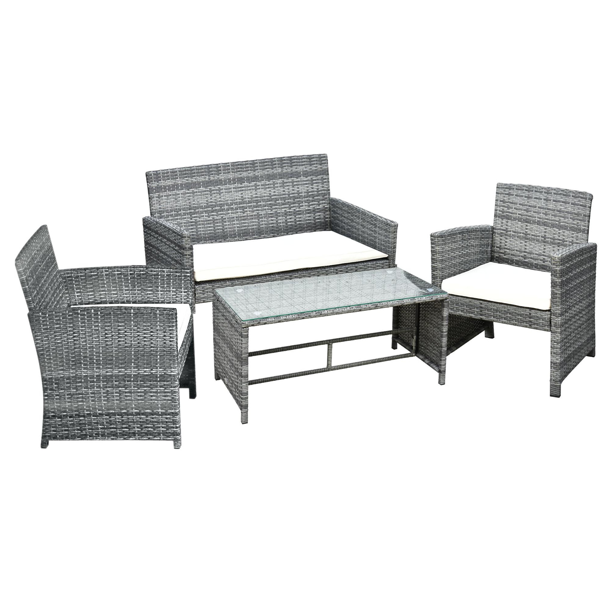 Voir la diapositive 1 : OUTSUNNY Outsunny Ensemble salon de jardin 4 places : canapé, 2 fauteuils et table basse plateau verre trempé résine tressée imitation rotin gris coussins crème