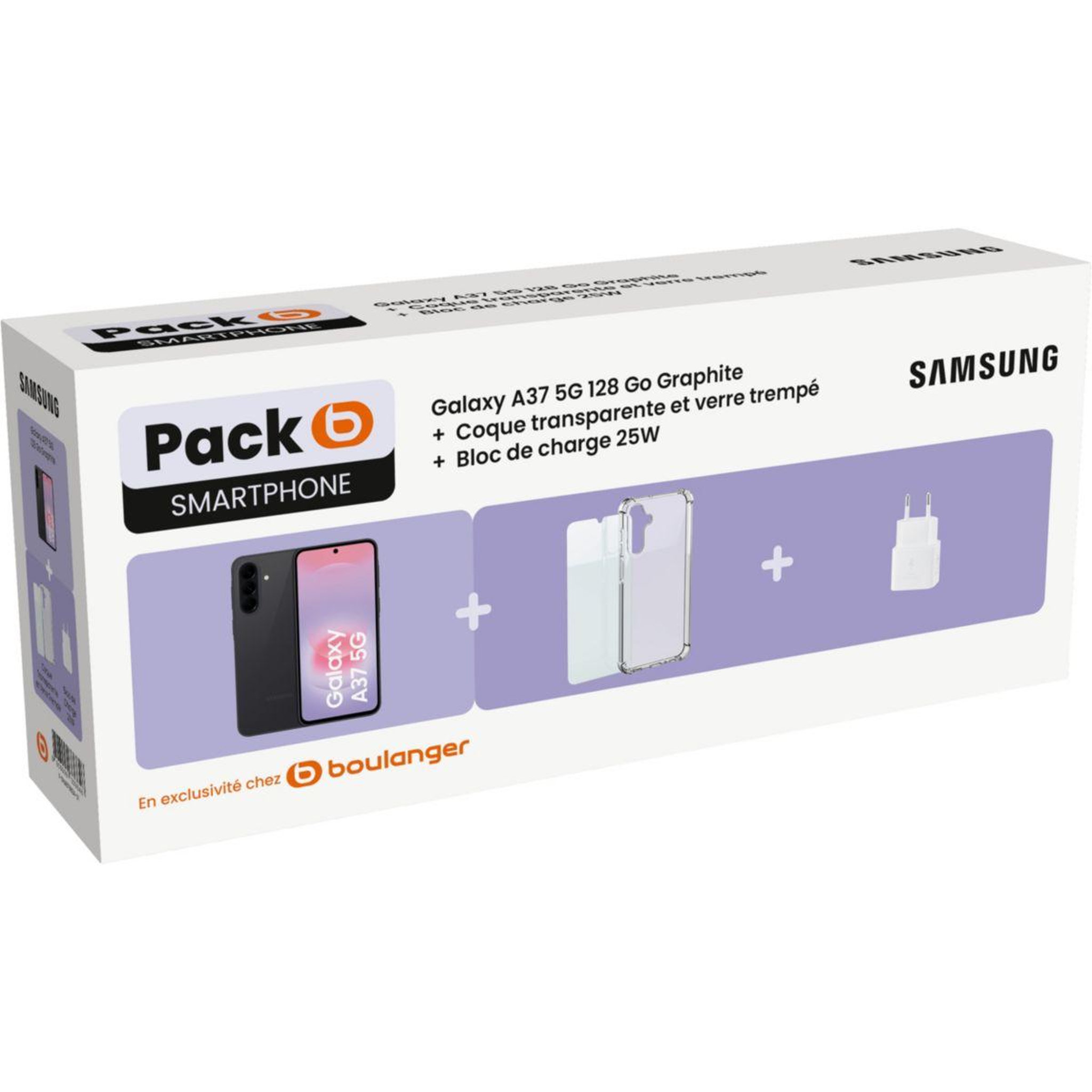 Samsung Smartphone pack a37 5g 128go graphite black + coque transparente + verre trempé + bloc de charge 25w