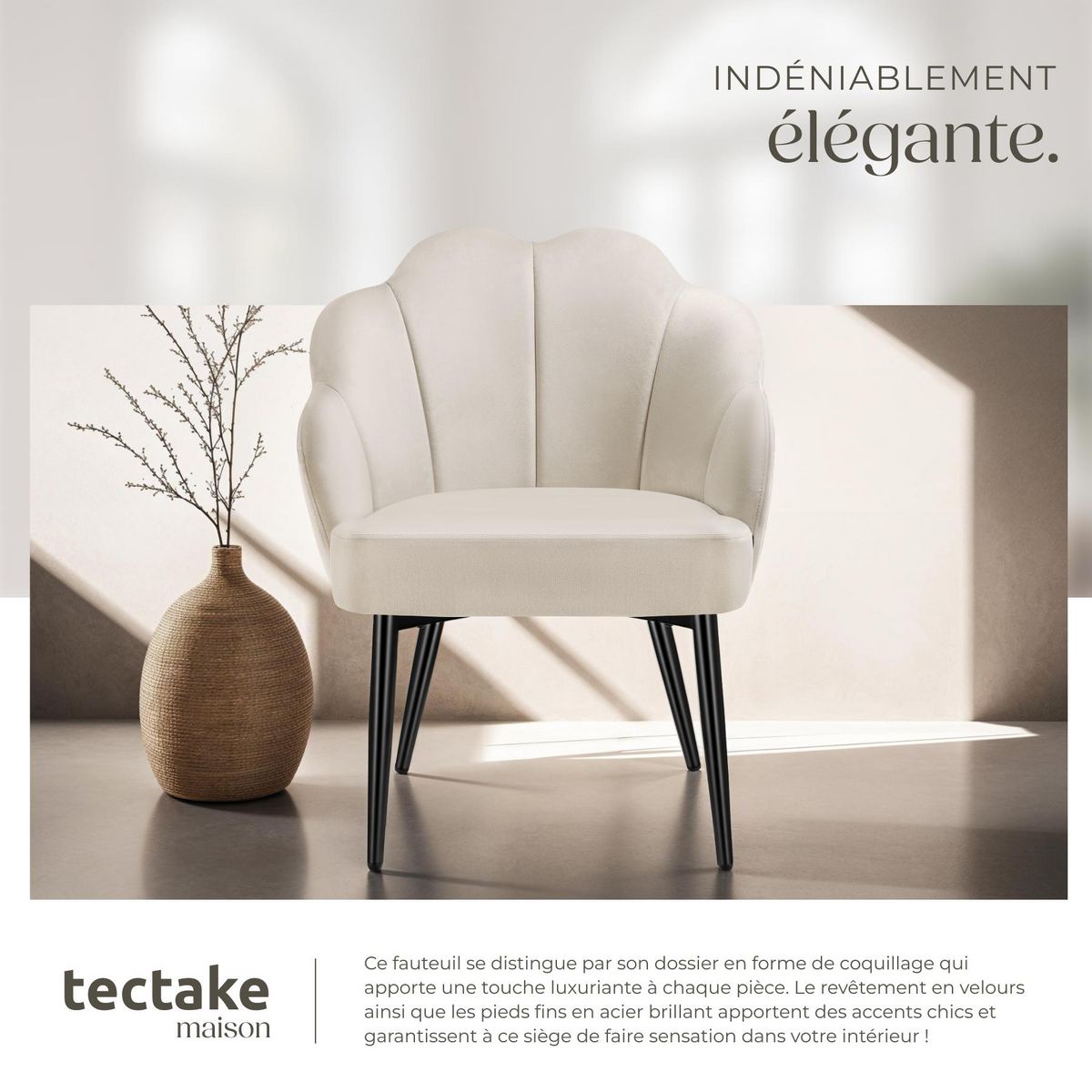 tectake Fauteuil cocktail rembourré en velours crème/noir