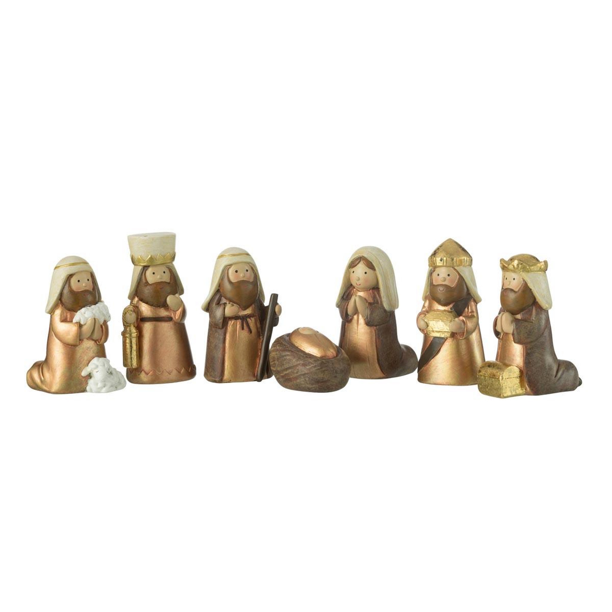 J-LINE Crèche de noël 7 santons  scène nativité  6cm marron & or