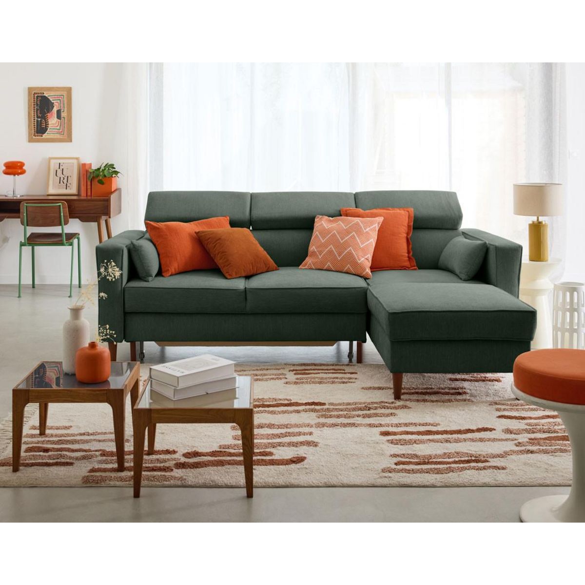 BEST MOBILIER Alicante - canapé d'angle réversible convertible avec têtières - coffre - 4 places - en tissu texturé