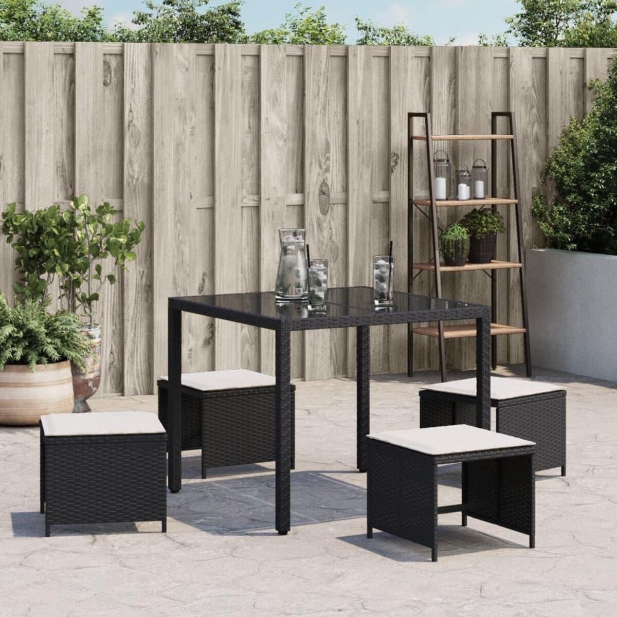VIDAXL Tabourets de jardin et coussins lot de 4 noir 41x41x36 cm rotin