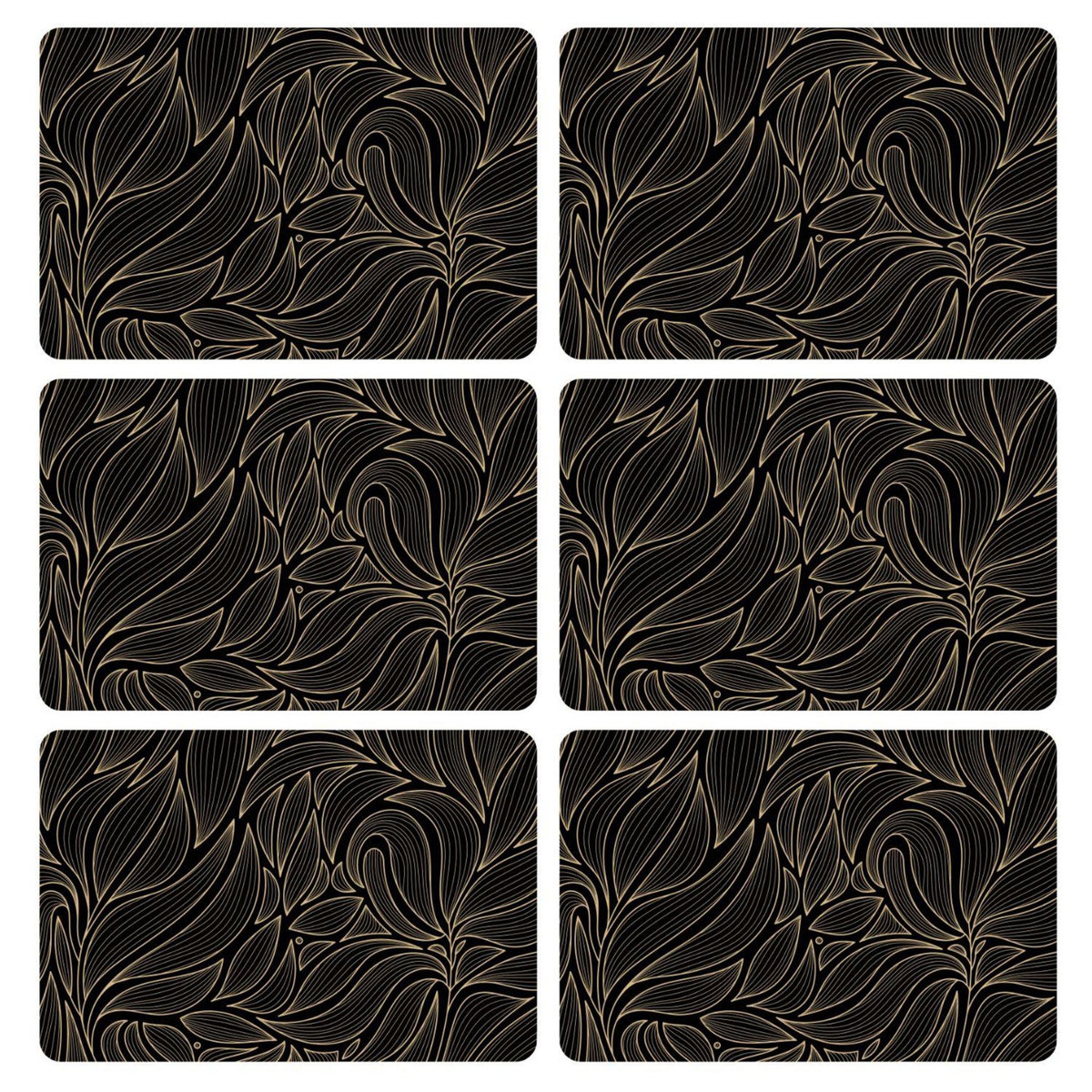 HABITABLE Lot de 6 sets de table motif feuillage avec encre métallique COSMO - 30 x 45 cm - Or et noir