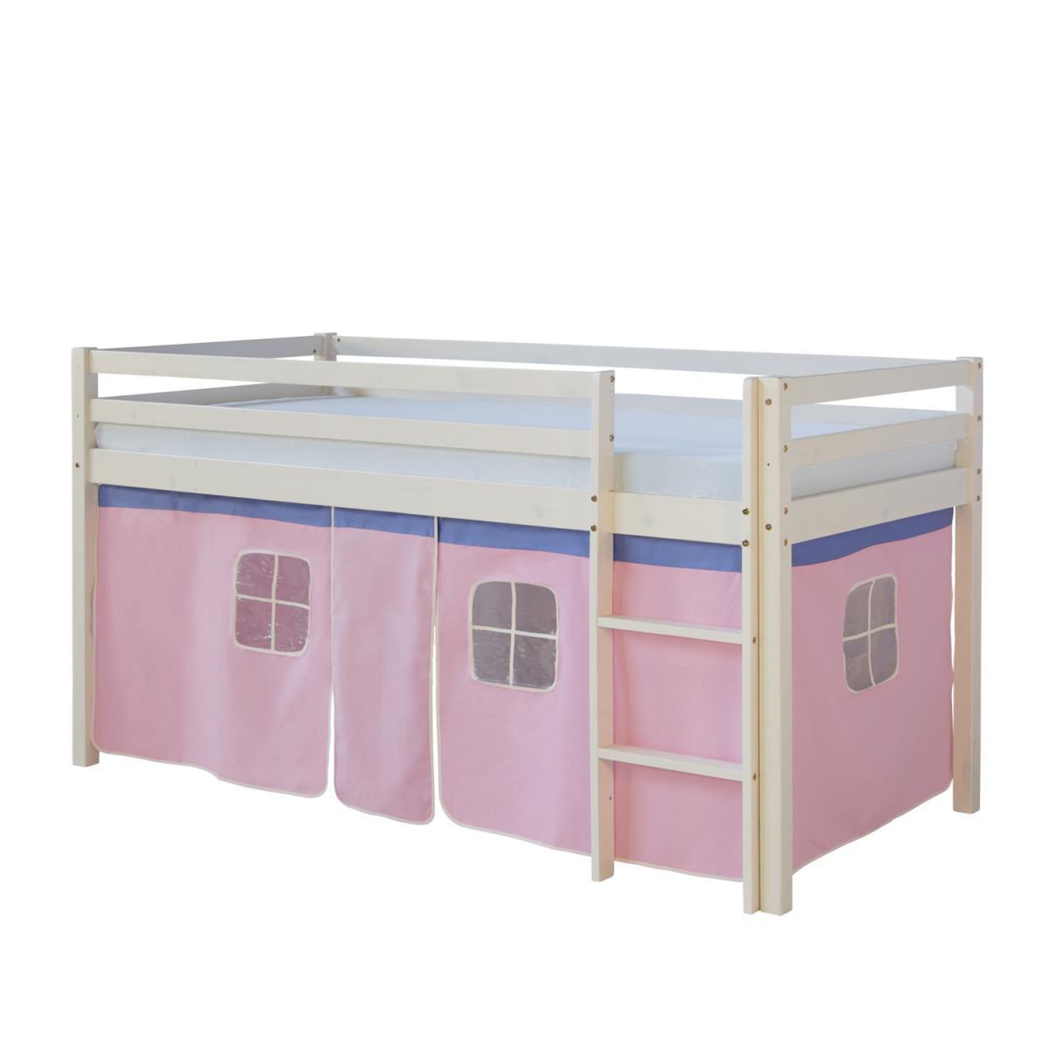 Voir la diapositive 1 : HomeStyle4U Lit Simple Blanc 90x200 en hauteur avec echelle et rideau rose