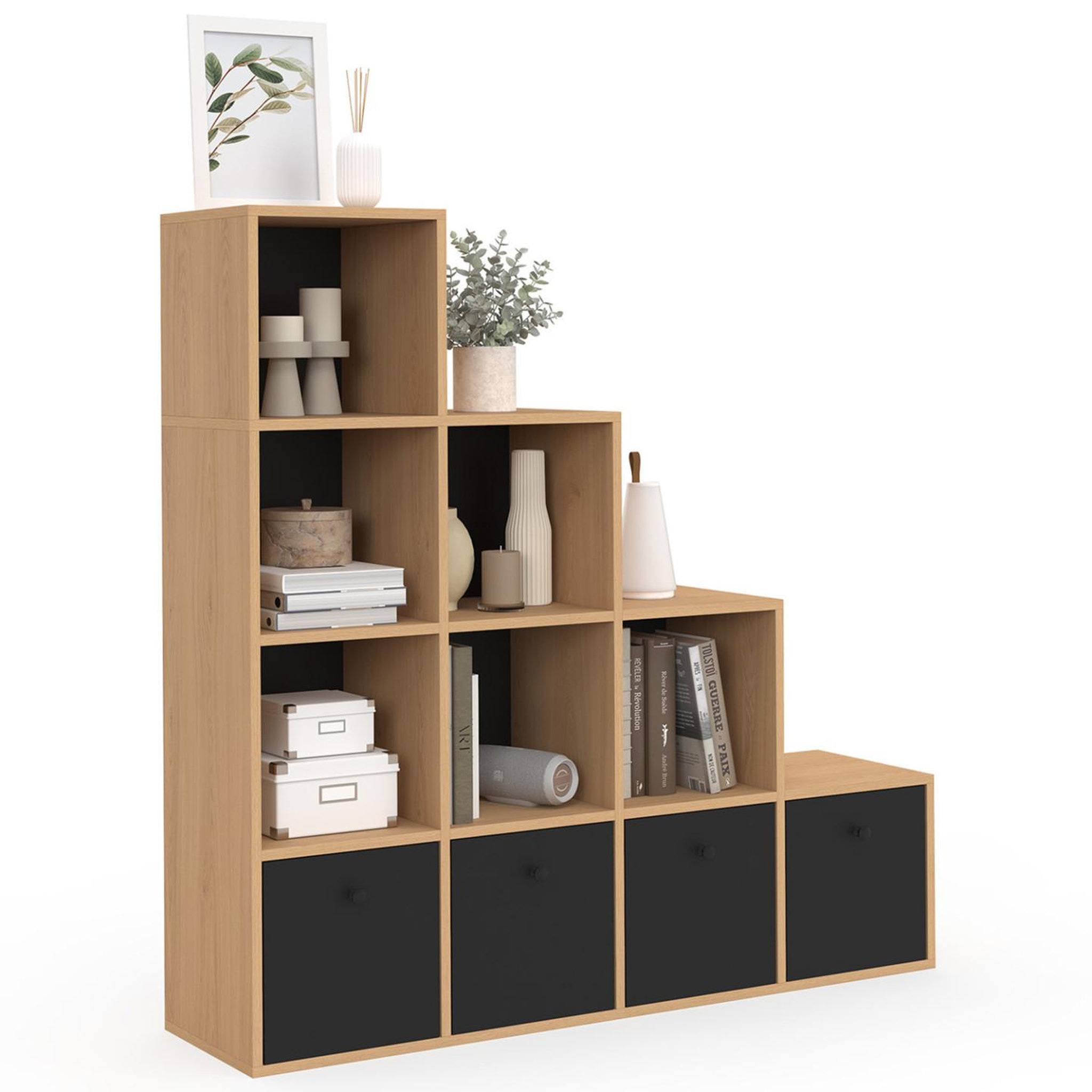 ID MARKET Meuble de rangement en escalier lorys 4 niveaux bois et noir avec 4 tiroirs en tissu
