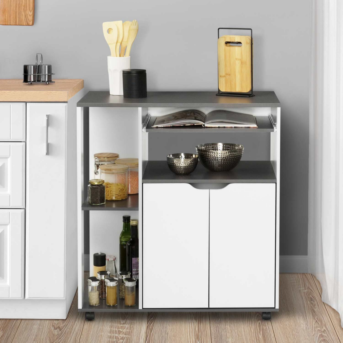 ID MARKET Desserte de cuisine COSI bois blanc et plateau gris L.76 CM