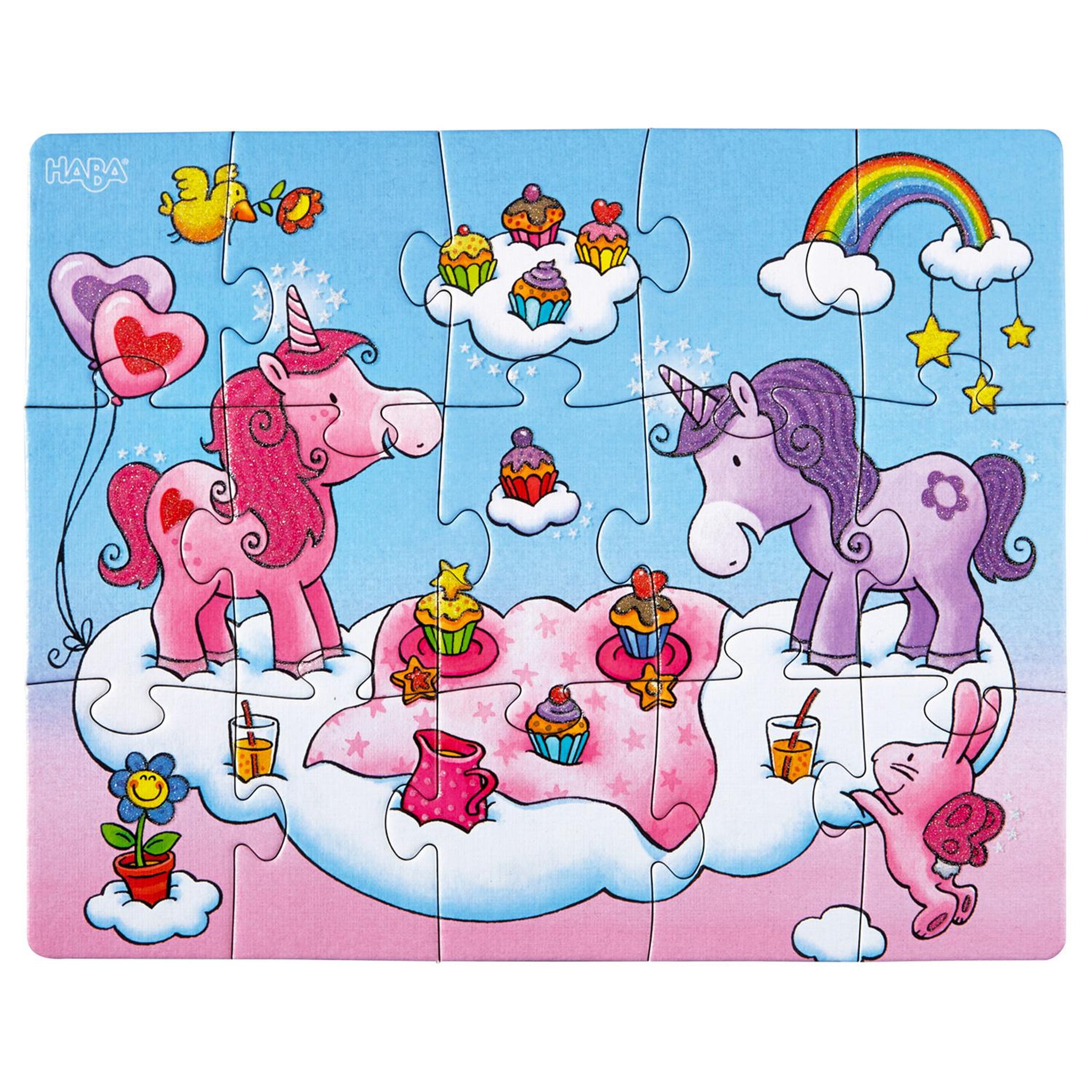 Voir la diapositive 2 : Haba Puzzles de 12 à 18 pièces : 3 puzzles : licornes dans les nuages