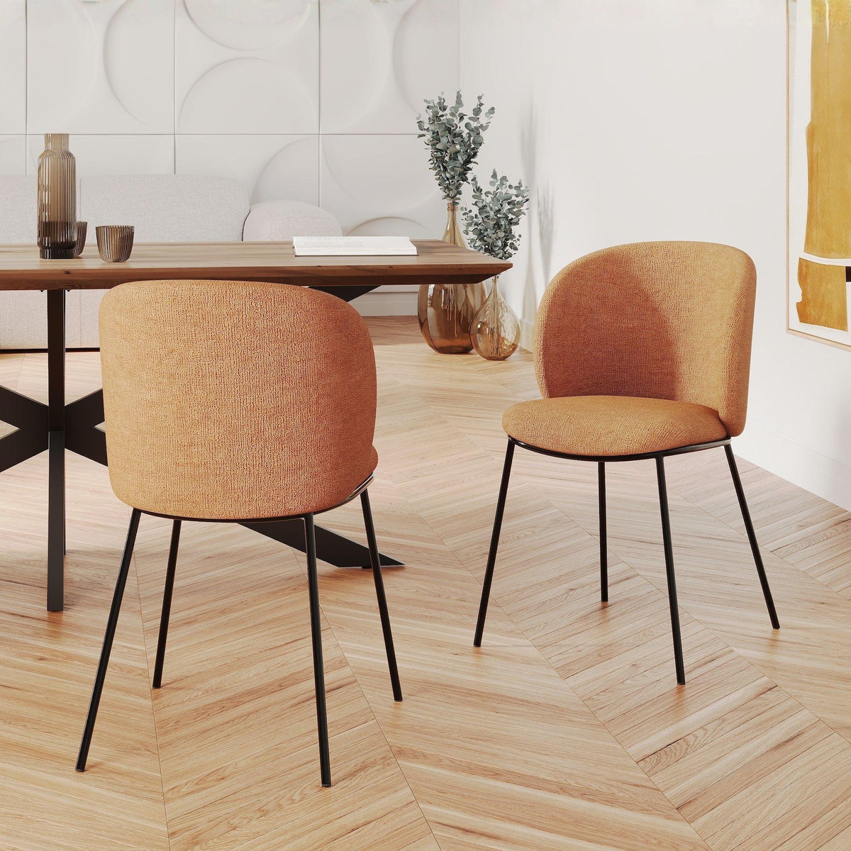 MAISON PAVANE Lot de 2 chaises en tissu jaune moutarde, pieds métal noir-Bulle