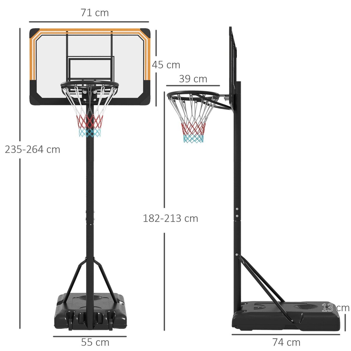 HOMCOM Panier de basketball sur pied roulettes - hauteur réglable arceau 182-213cm - acier polycarbonate orange noir