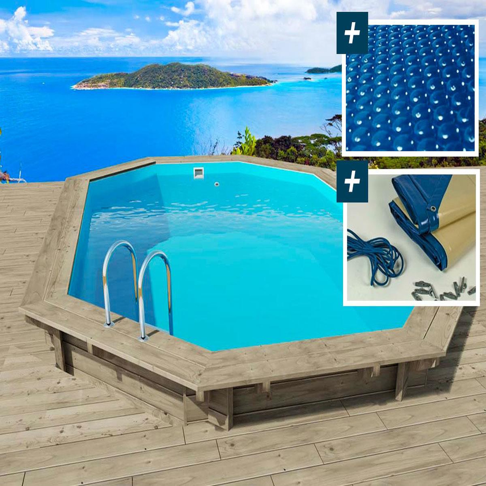 Habitat et Jardin Piscine bois   miami 145   - 4.86 x 3.36 x 1.45 m + bâche à bulles 180 µ + bâche hiver 280 gr/m²
