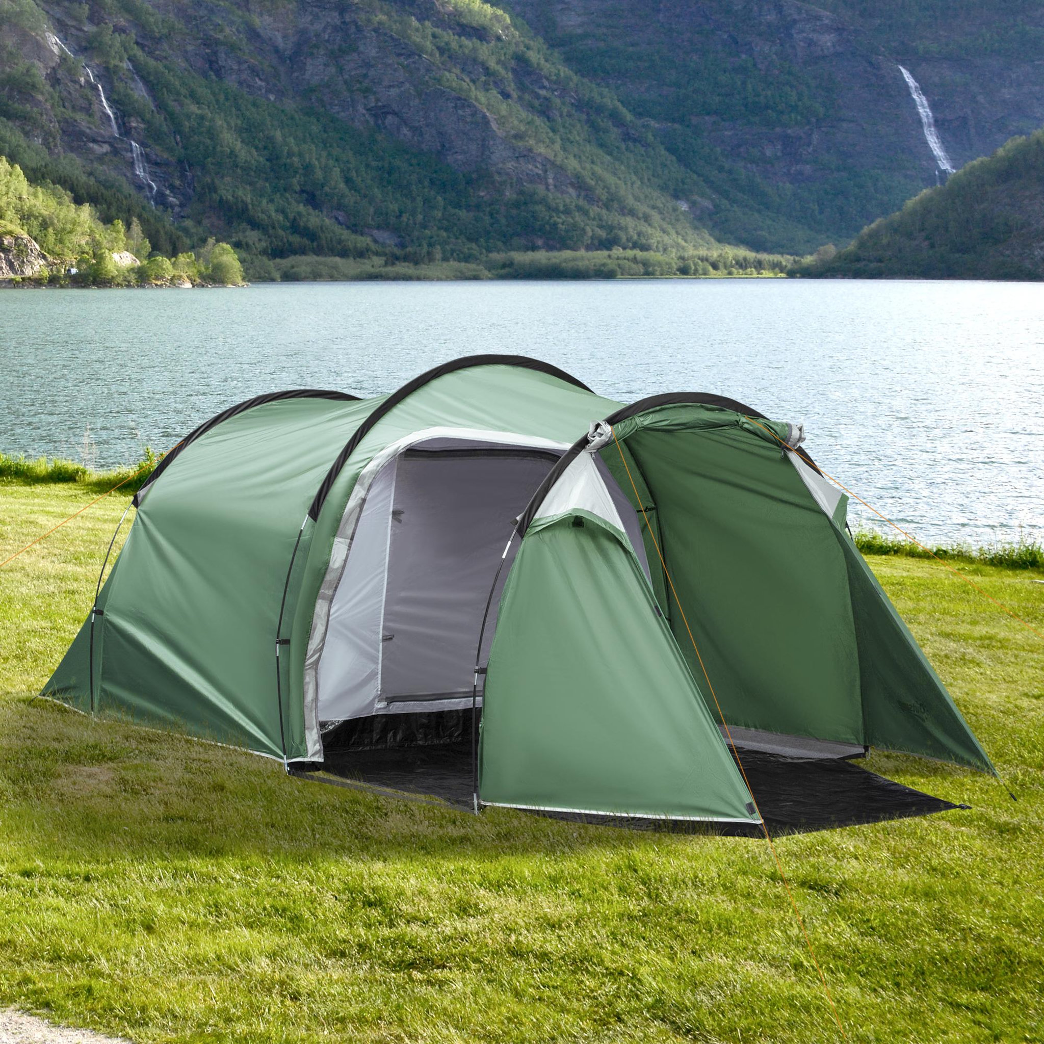 Voir la diapositive 2 : OUTSUNNY Tente de camping 2-3 personnes montage facile 3 portes fenêtres dim. 4,26L x 2,06l x 1,54H m fibre verre polyester PE vert