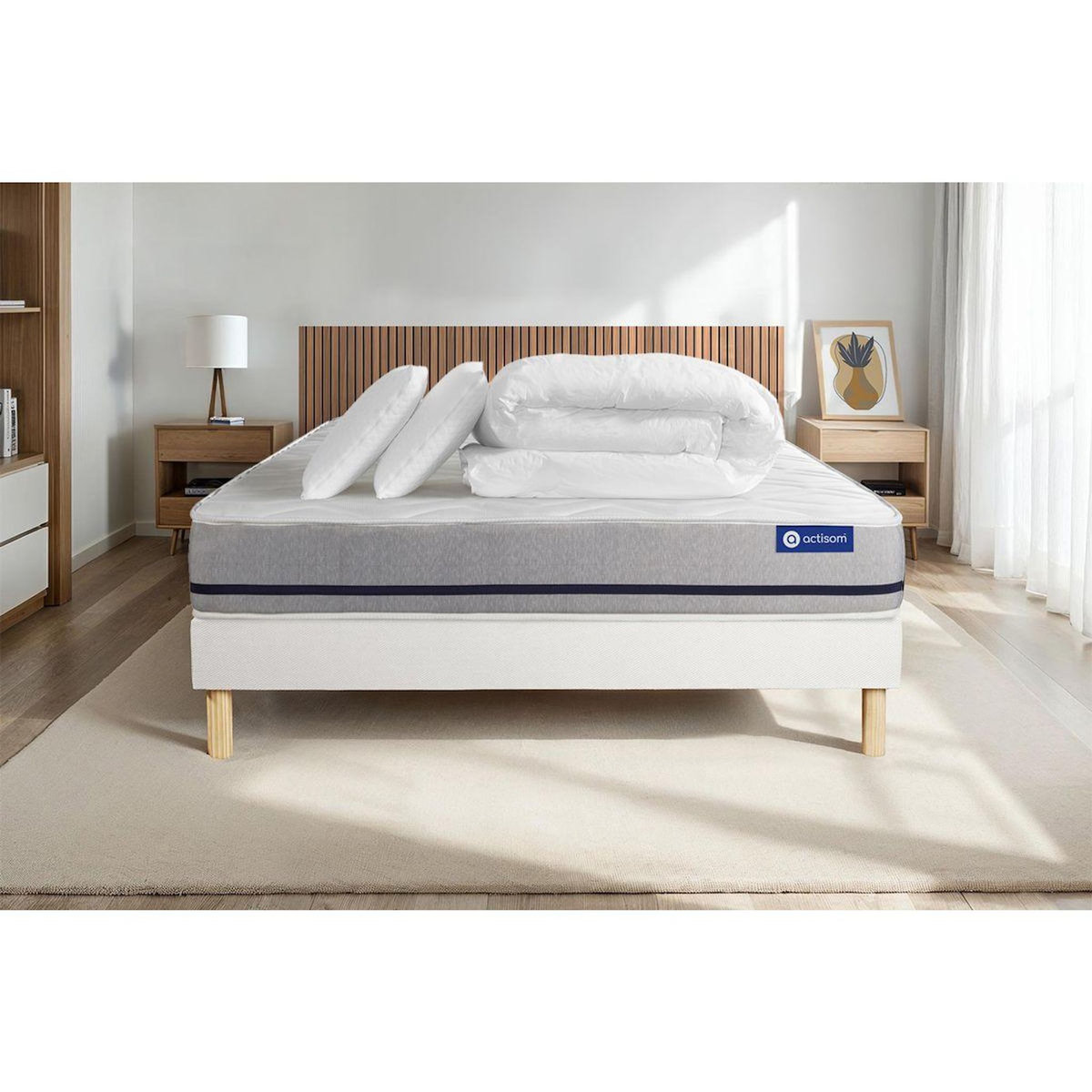 ACTISOM Pack prêt à dormir matelas 140x200 ACTILATEX SOFT 3zones de confort + sommier KIT blanc + 2 oreillers + couette