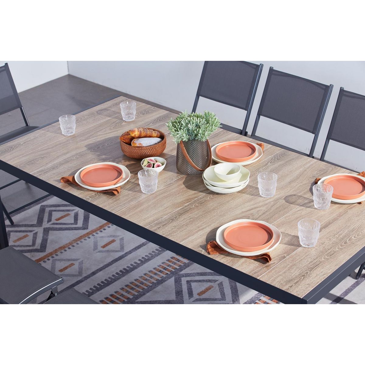 CONCEPT USINE Ensemble table aluminium effet bois et 10 chaises LAGOS