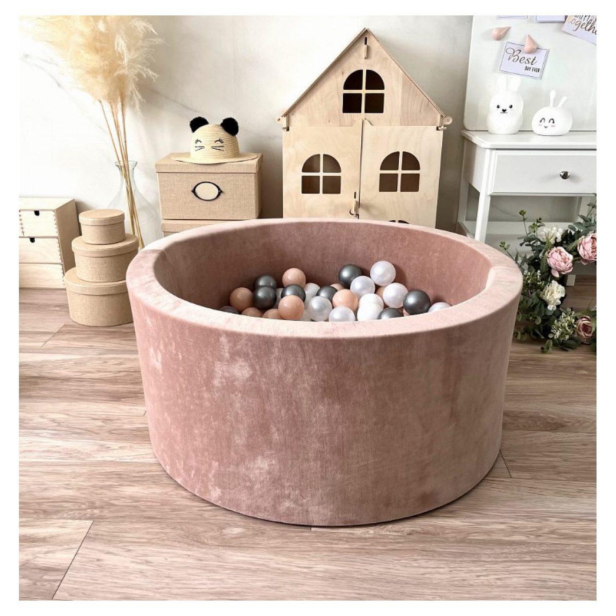 Voir la diapositive 2 : MONIO FOR KIDS Piscine à balles en velours 90 cm beige + 200 balles