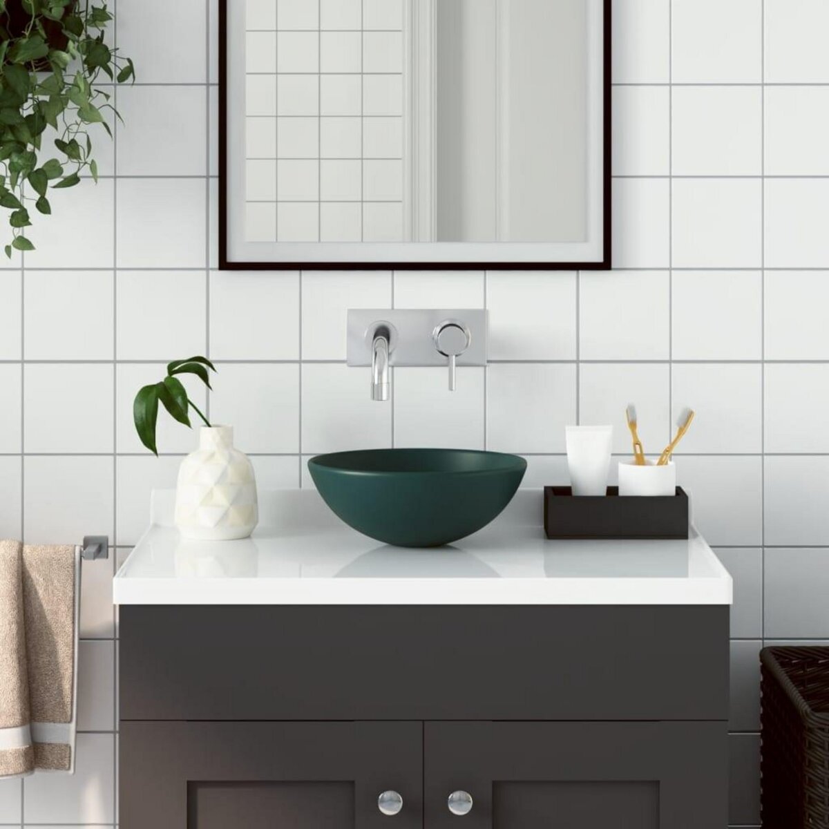 VIDAXL Lavabo de salle de bain Ceramique Vert fonce Rond