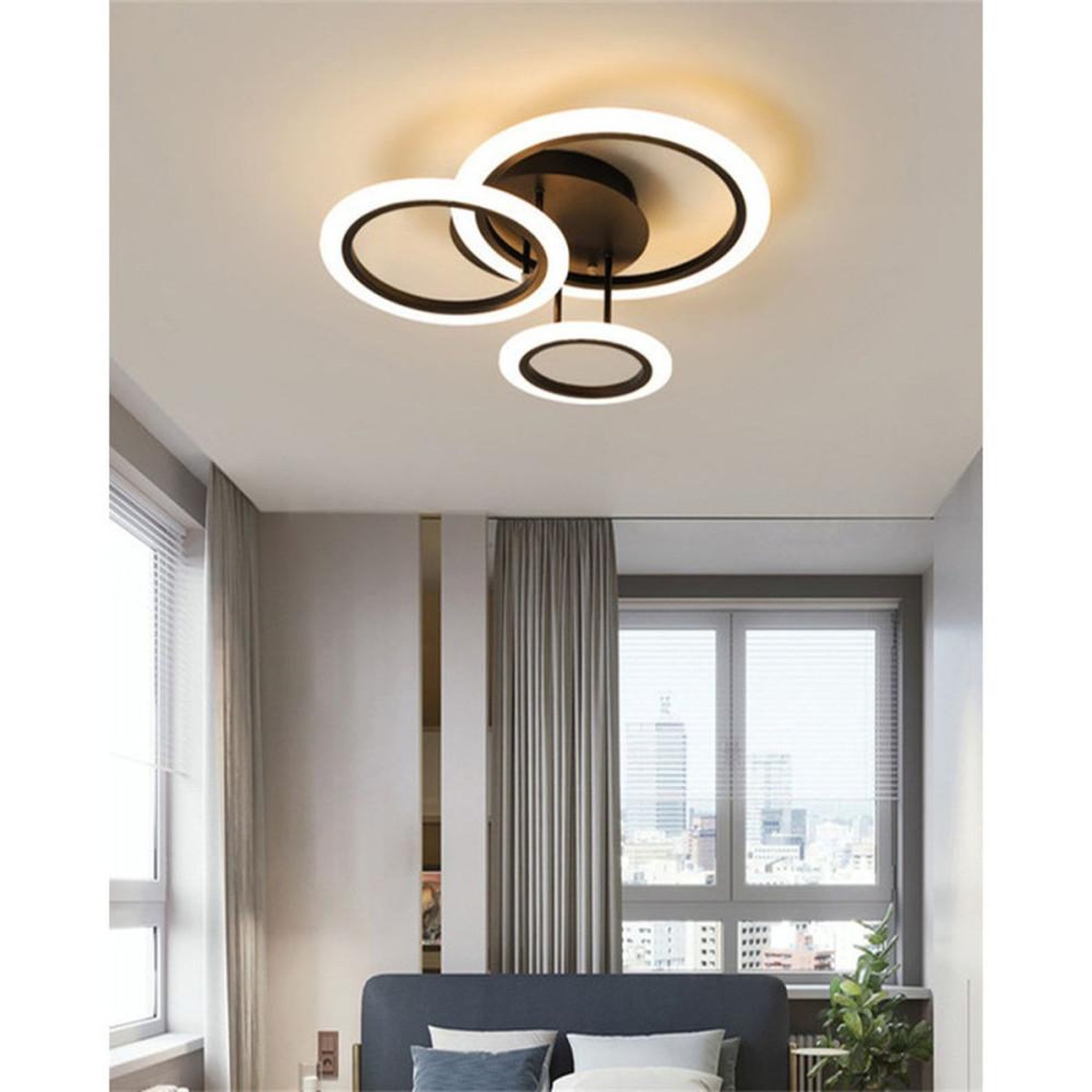 Voir la diapositive 5 : Plafonnier LED 3 anneaux circulaires dimmable 45 W 55 cm lumière CCT 2700-6500 K, métal noir mat et diffuseur acrylique