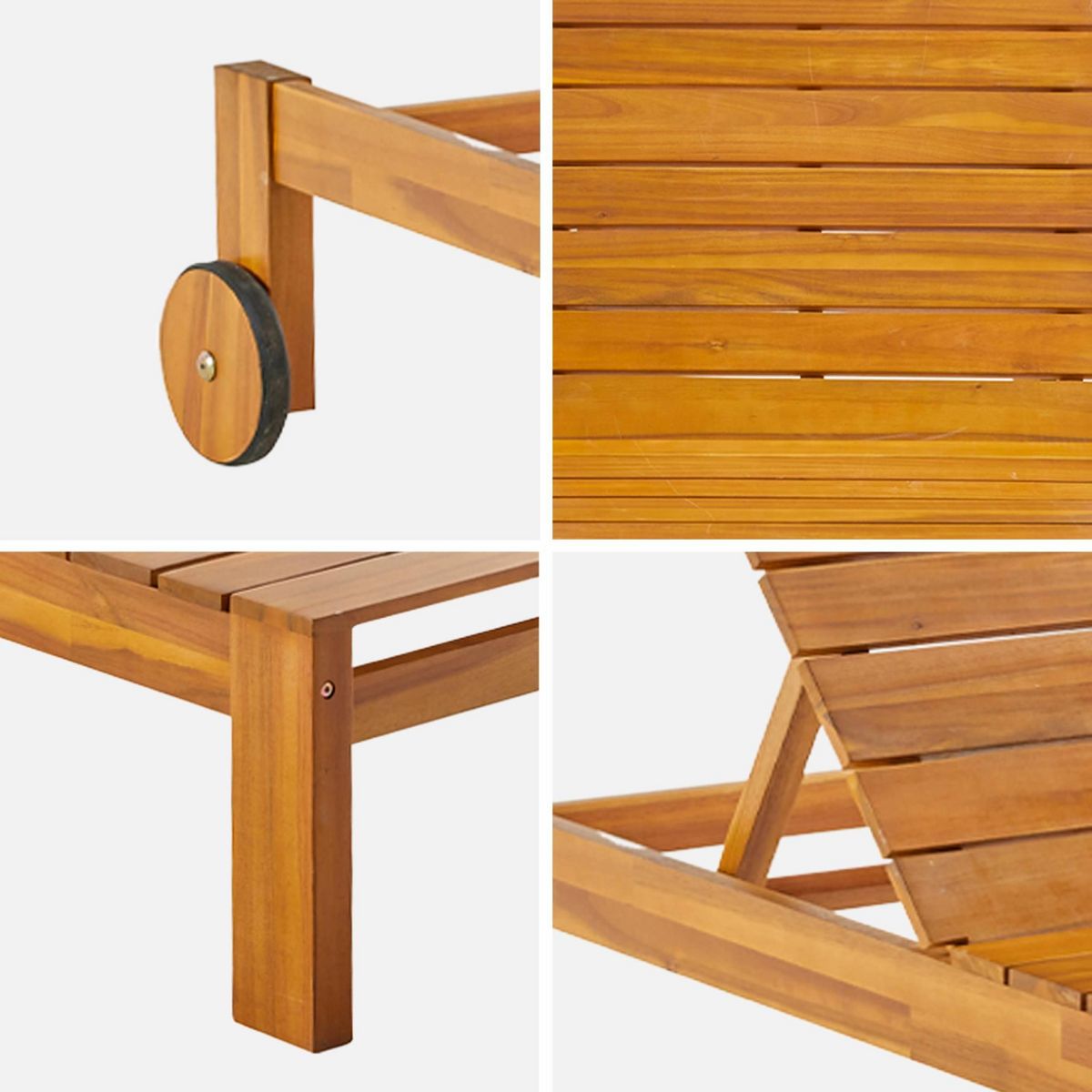 SWEEEK Lot de 2 bains de soleil FAVONA en bois d'acacia avec roulettes. 205 x 67.5 x 32 cm