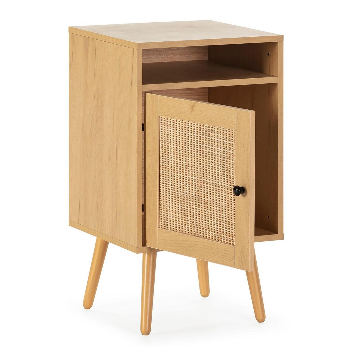 VS VENTA-STOCK Table de Chevet Bella 1 Porte Couleur Chêne, Rotin Naturel