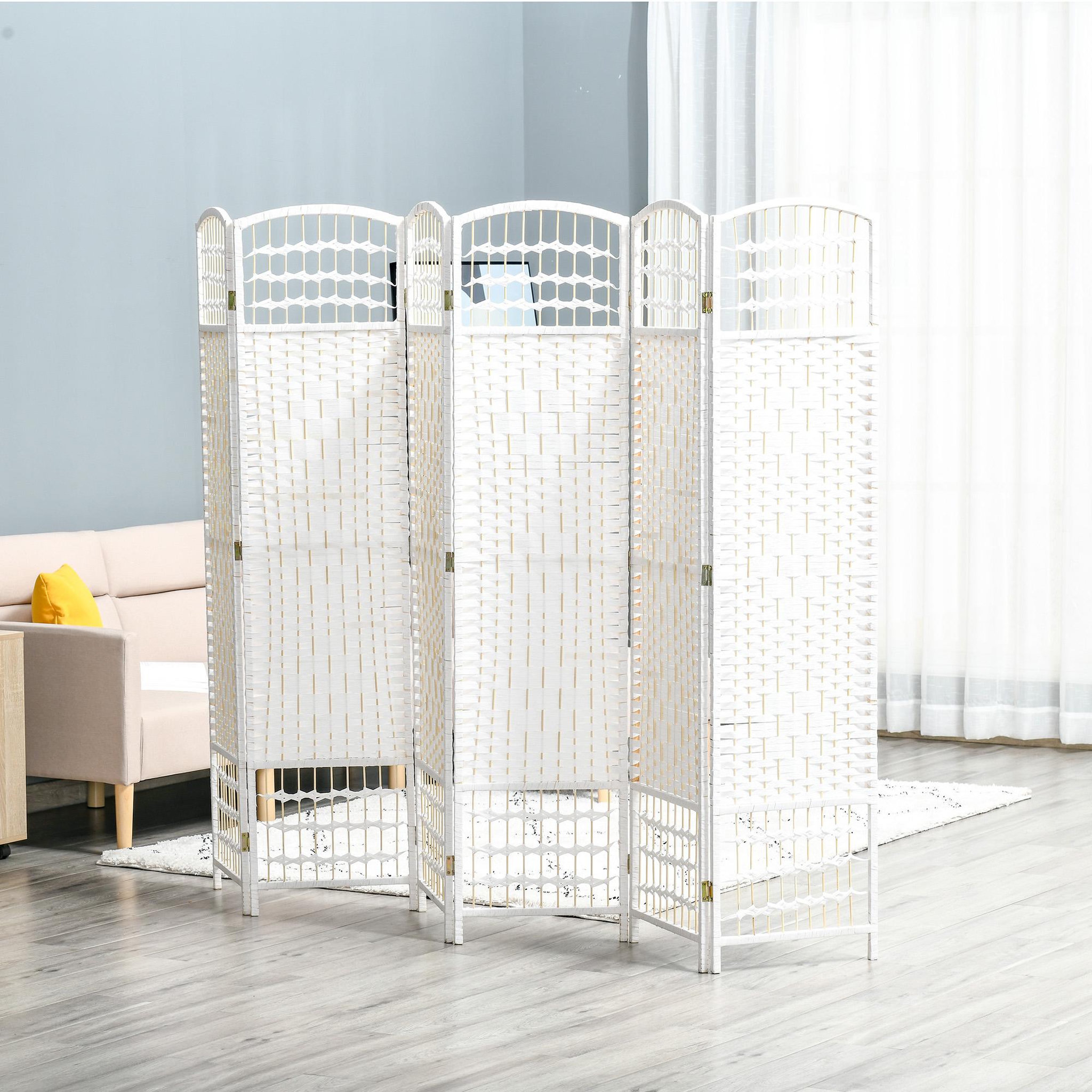Voir la diapositive 2 : HOMCOM Paravent intérieur 6 panneaux pliables séparateur de pièce bois de peuplier bambou fibres de papier tressée blanc paille