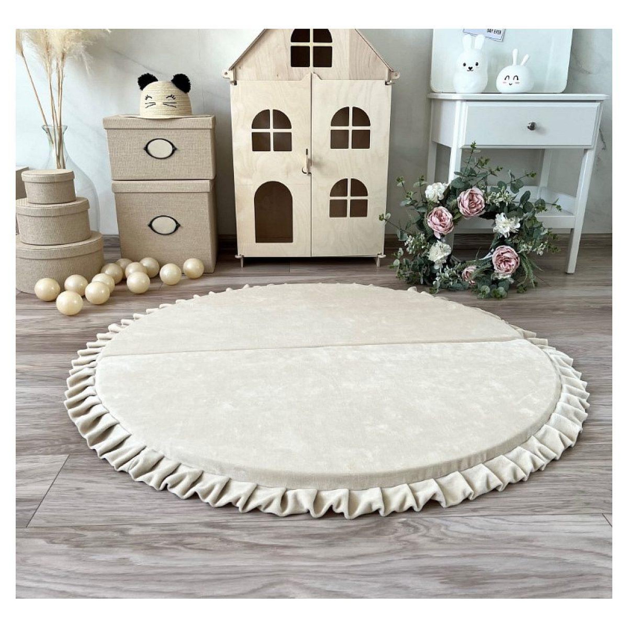 Voir la diapositive 2 : MONIO FOR KIDS Tapis de jeu pliable en velours 125 rond crème