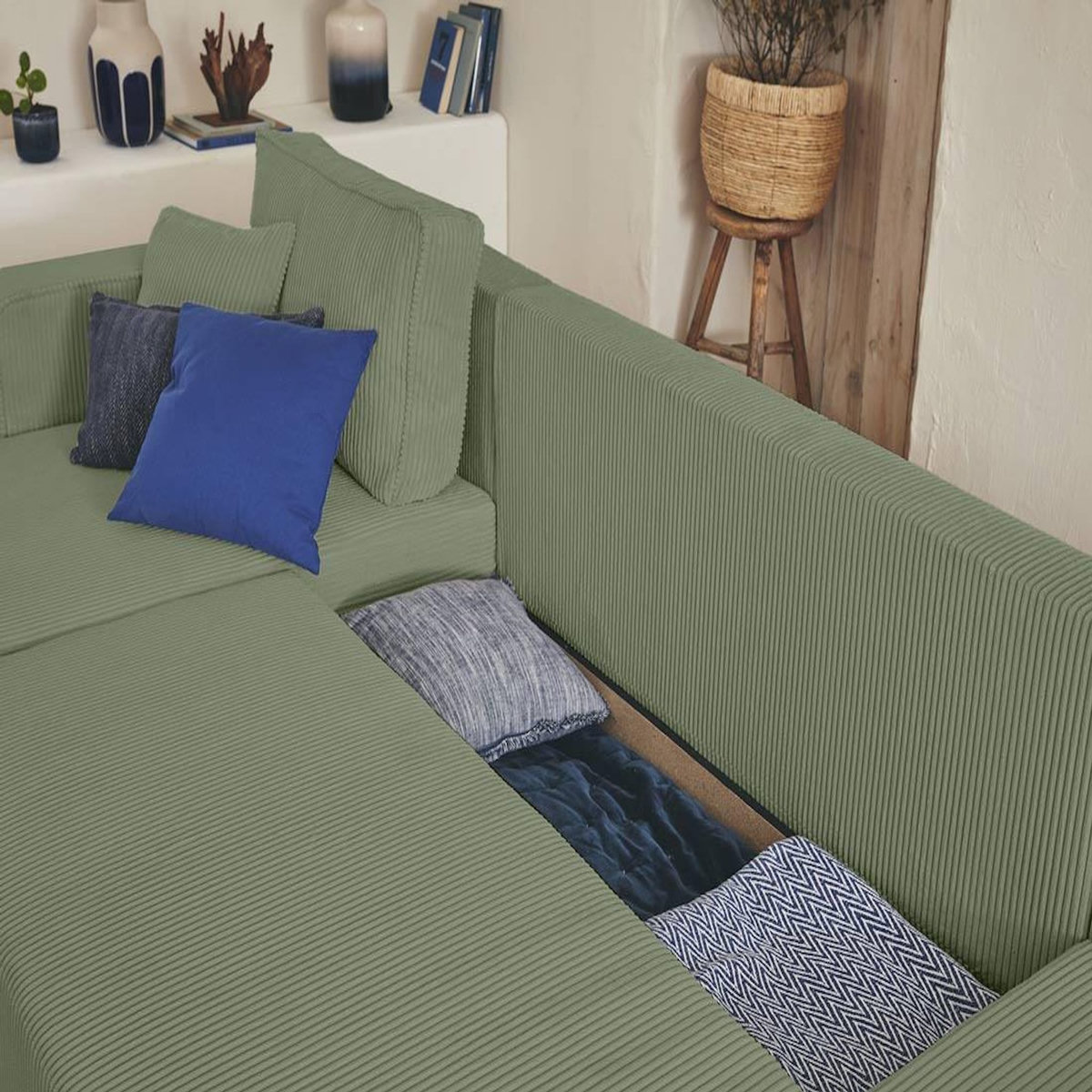 BEST MOBILIER Topaze - canapé panoramique en u - 7 places - convertible avec coffre - en velours côtelé