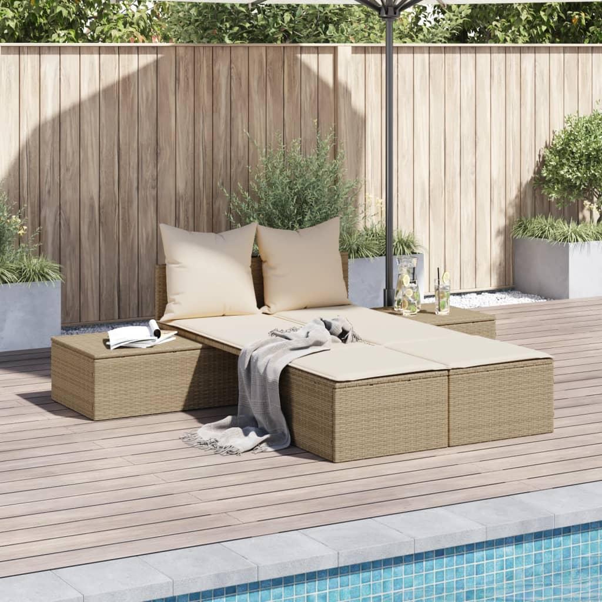 VIDAXL Chaise longue double avec coussins beige resine tressee