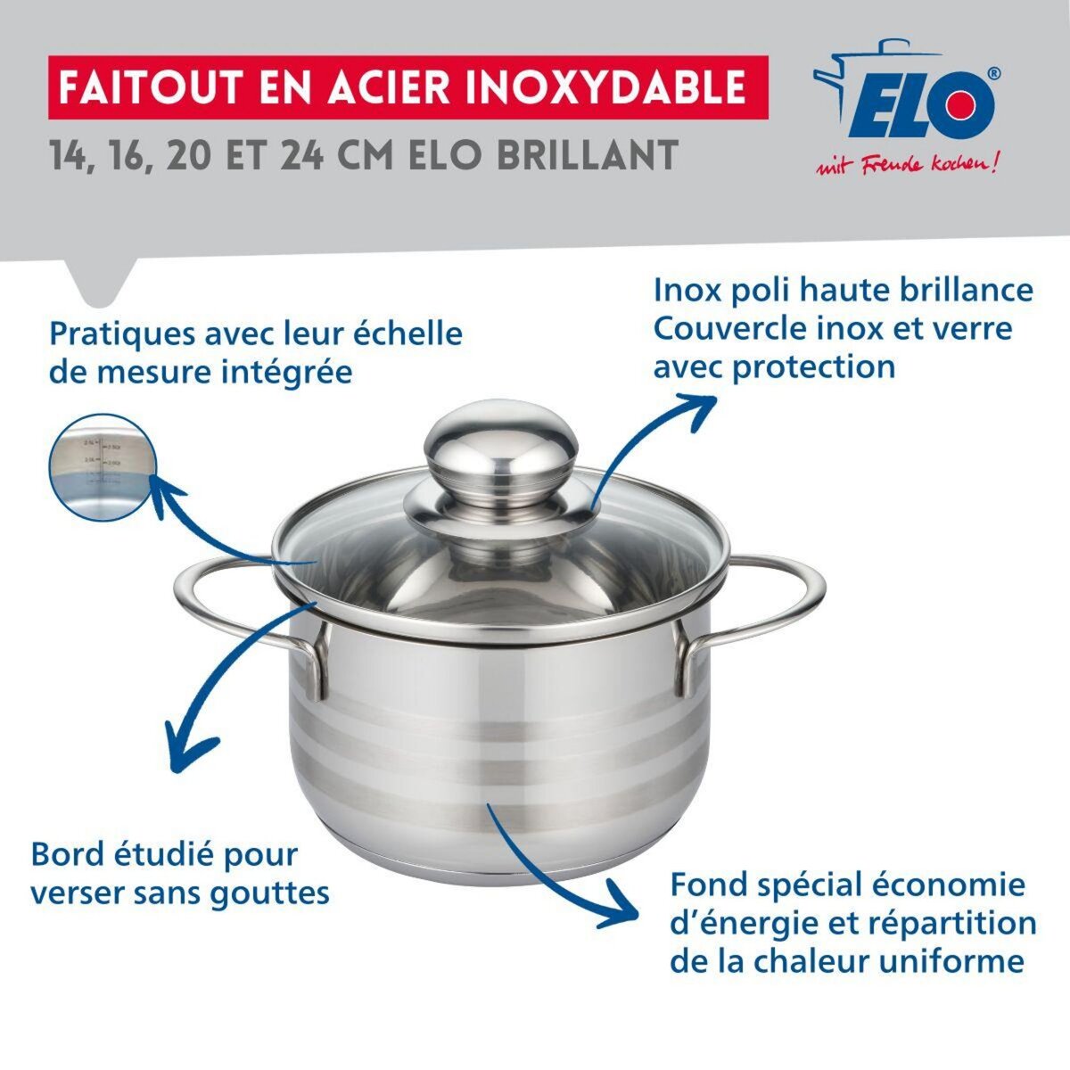 ELO Lot de 4 faitouts 14, 16, 20 et 24 cm en acier inoxydable sans PFAS Elo Brillant