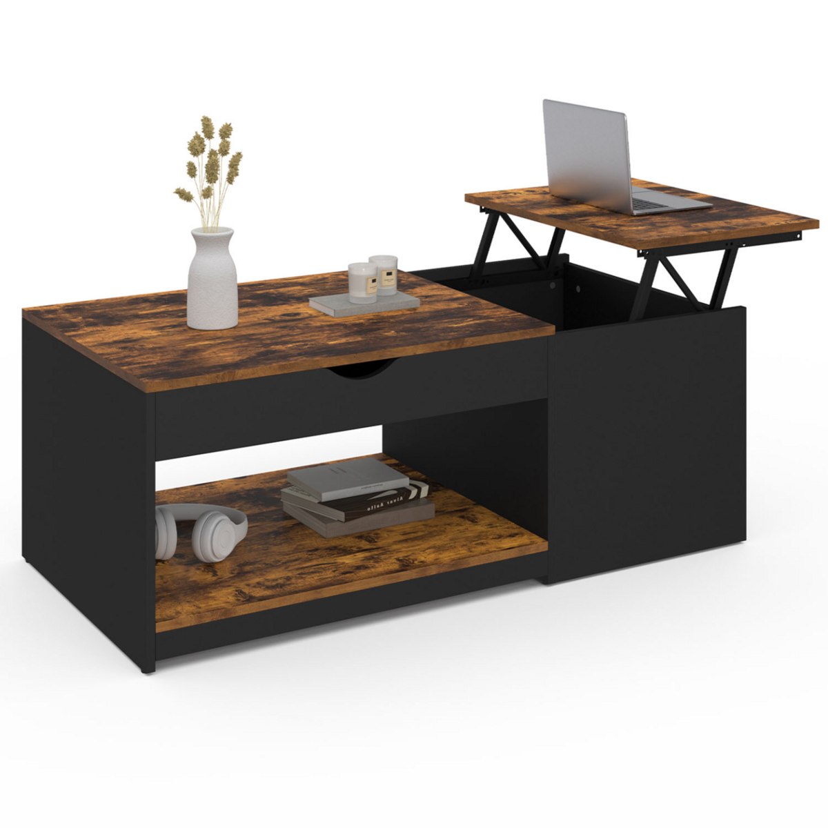 ID MARKET Table basse 2 plateaux relevables EYLA avec coffre bois foncé effet vieilli et noir