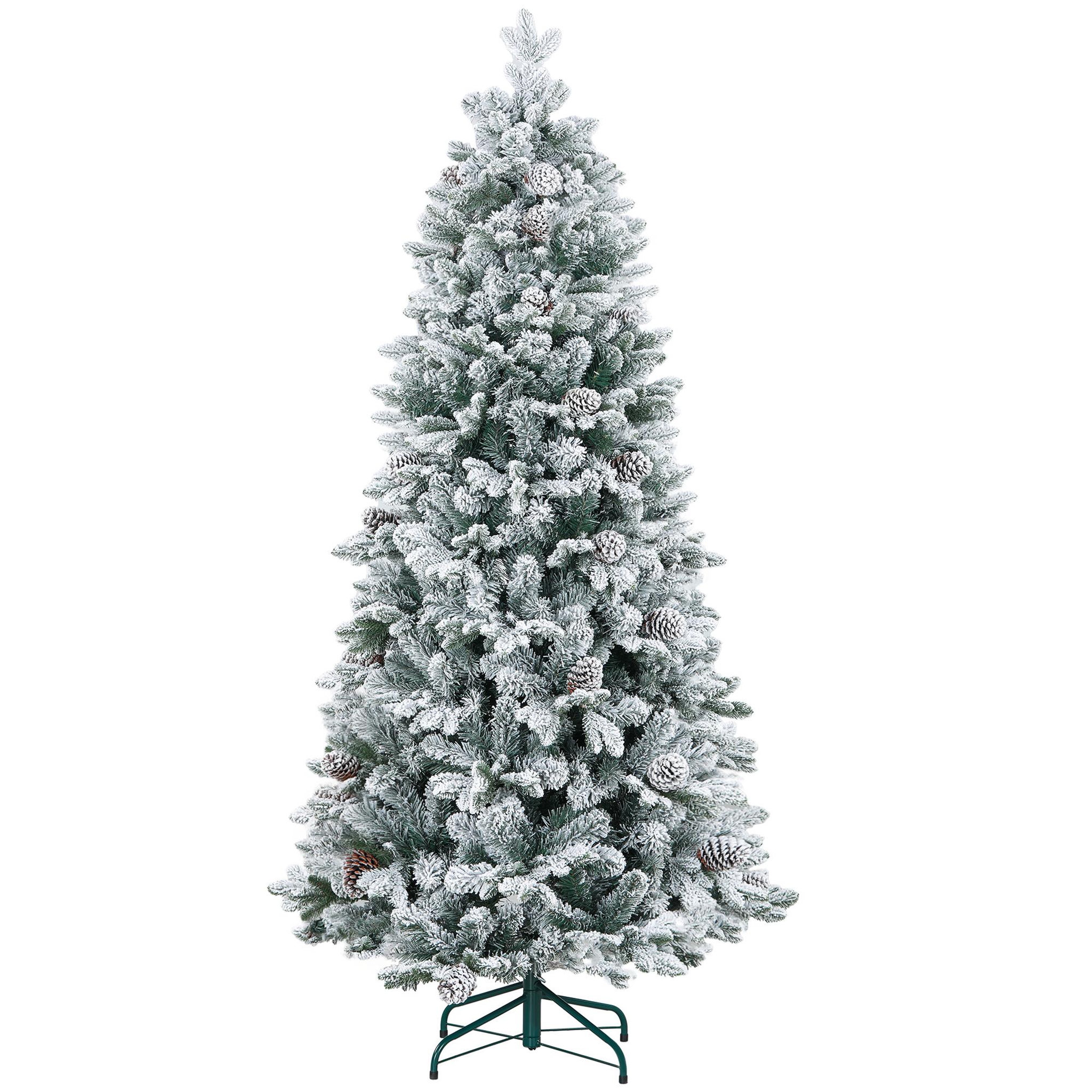 HOMCOM Sapin de Noël artificiel H.180 cm 1489 branches enneigées 33 pommes de pin métal PVC PE vert blanc