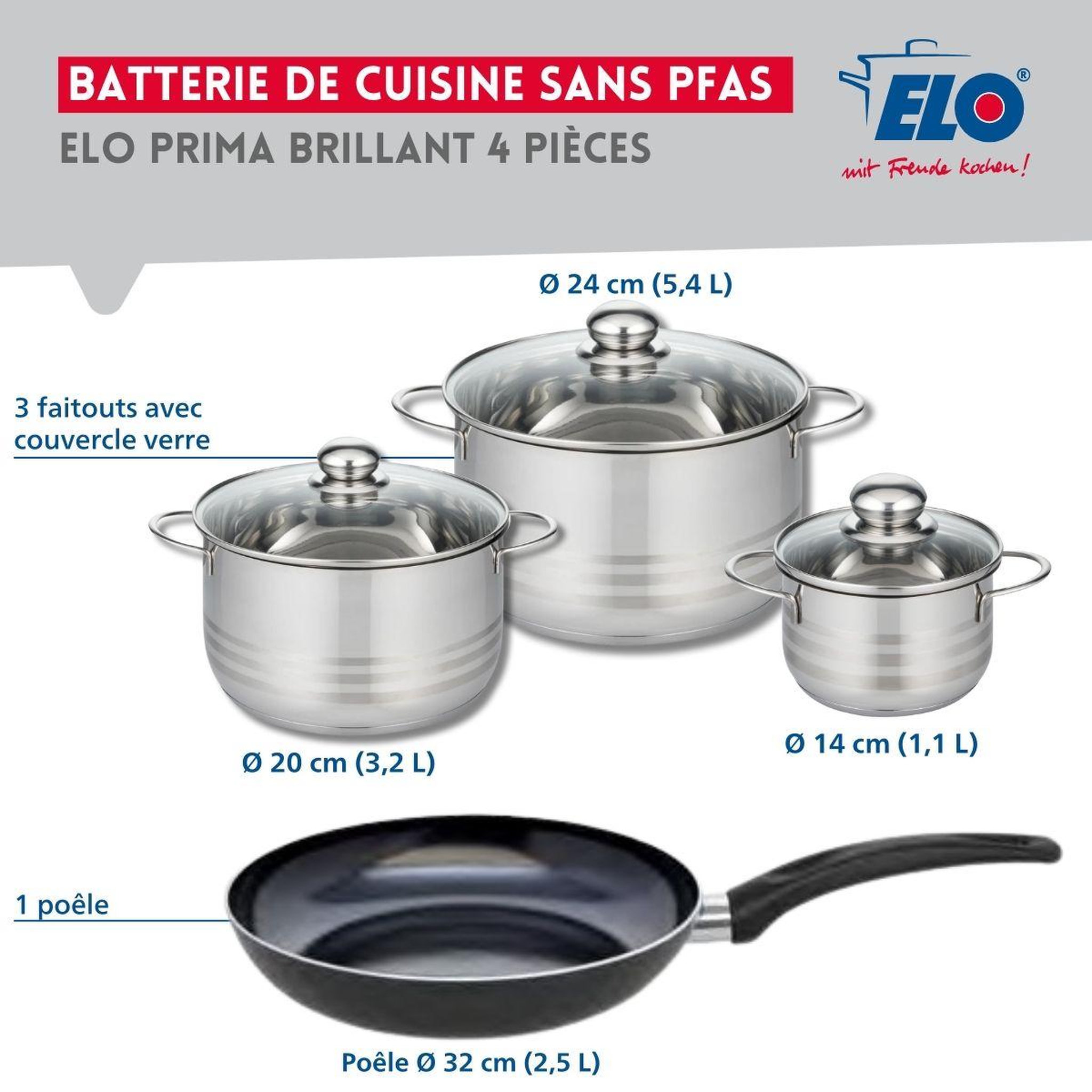 Voir la diapositive 2 : ELO Ensemble de 1 poêle de cuisson 32 cm et 3 faitouts 14, 20 et 24 cm elo prima brillant