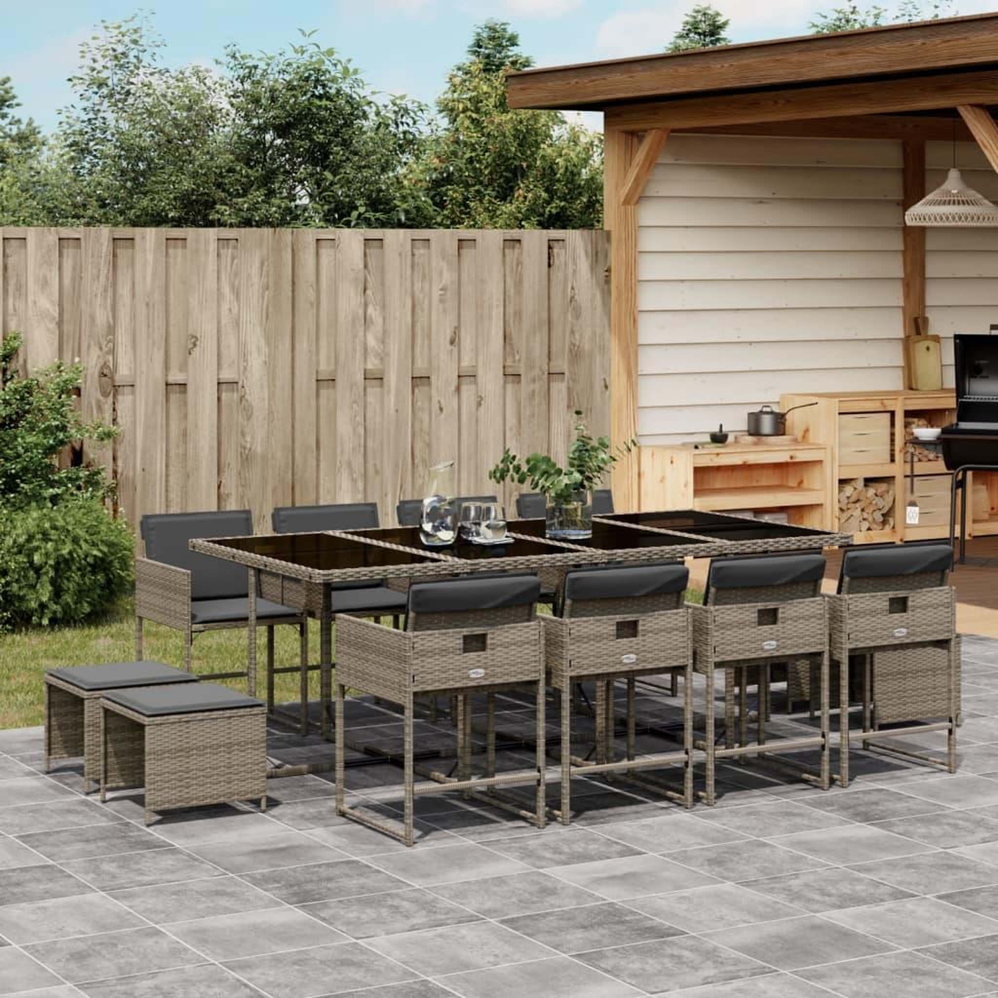 VIDAXL Ensemble a manger de jardin coussins 13 pcs gris resine tressee