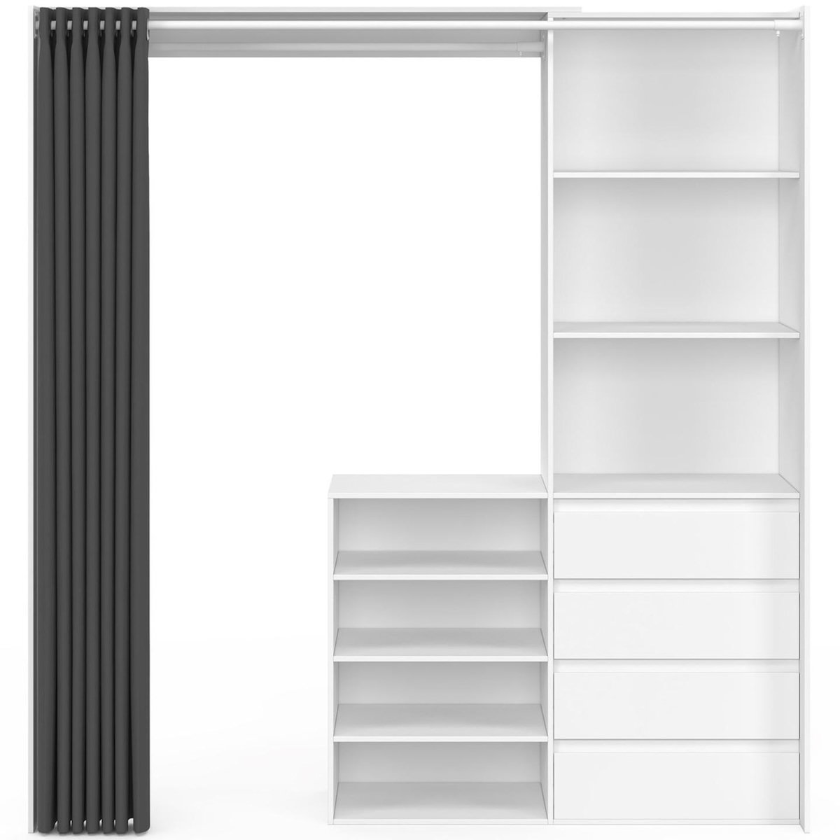 ID MARKET Dressing extensible XXL MARTY 120/170 x 50 x 180 cm blanc avec 4 tiroirs + étagères + penderie + rideau gris