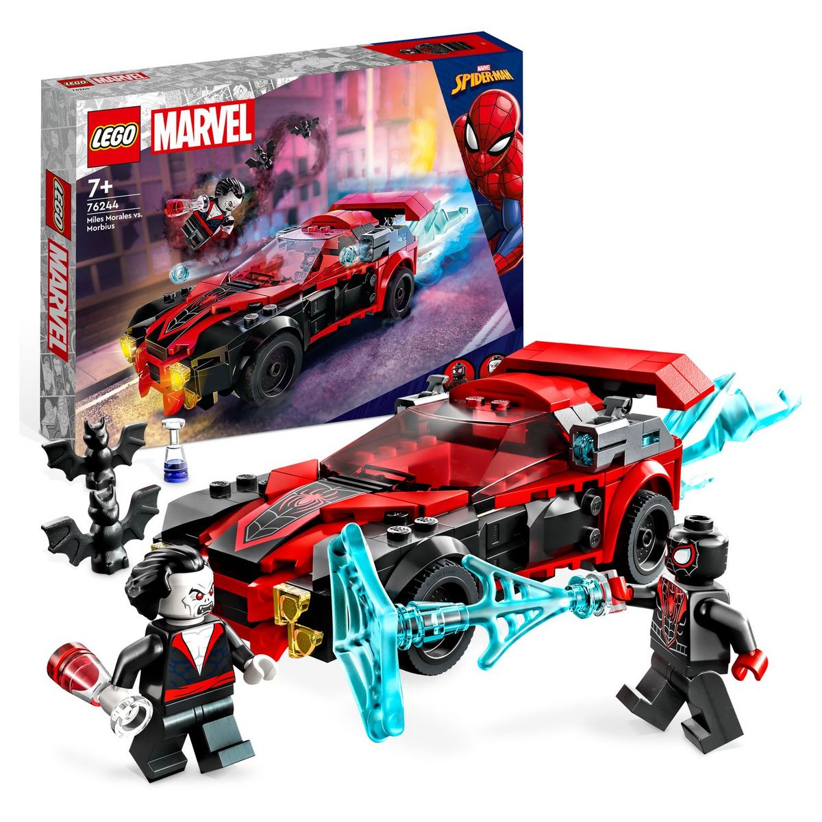 LEGO Marvel Super Heros 76244 Miles Morales vs Morbius, Jouet de Construction Spider-Man, avec Voiture de Course, Spidey et ses Amis Extraordinaires