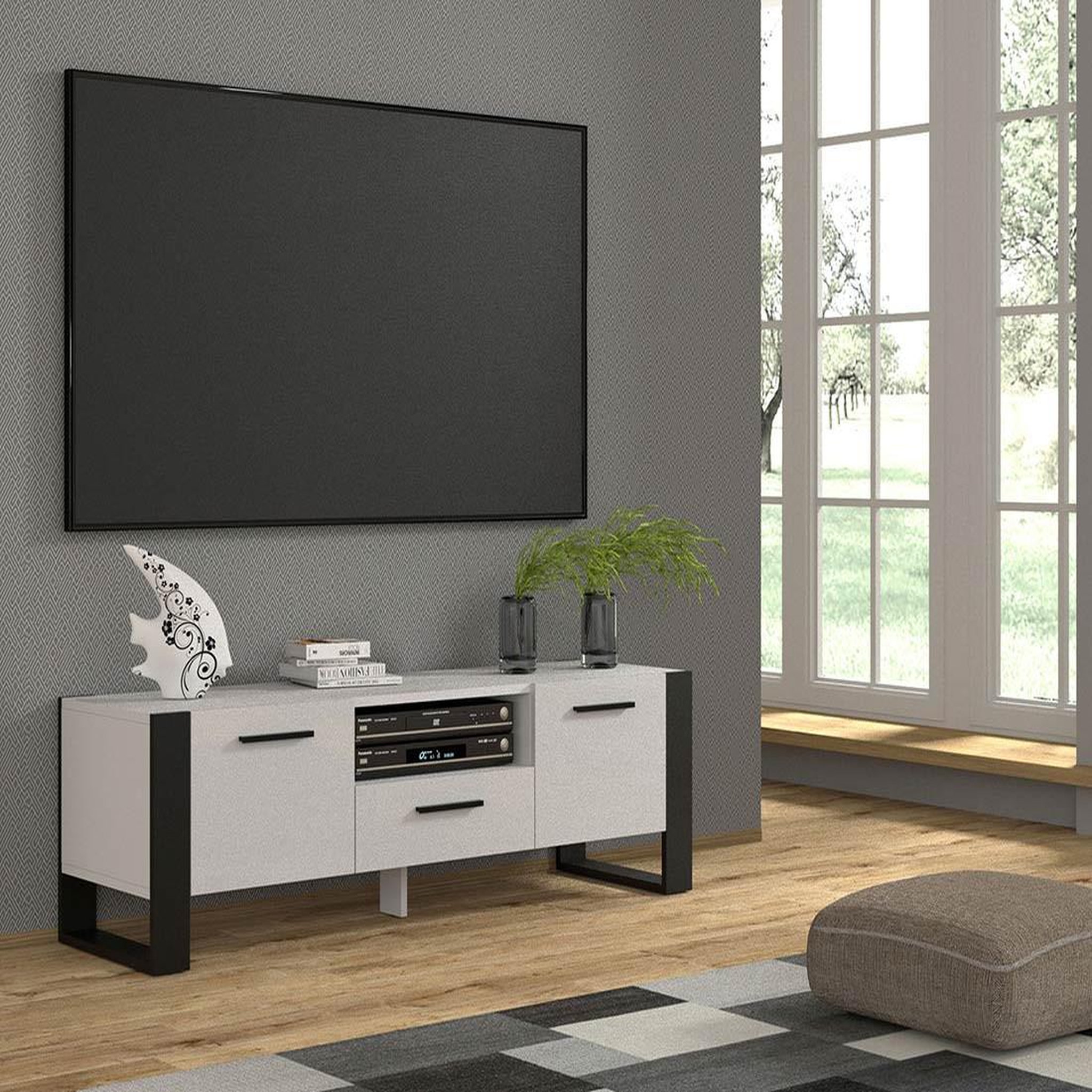 Voir la diapositive 3 : BEST MOBILIER Donnely - meuble tv - blanc et noir - 2 portes, 1 tiroir et 1 niche - 160 cm