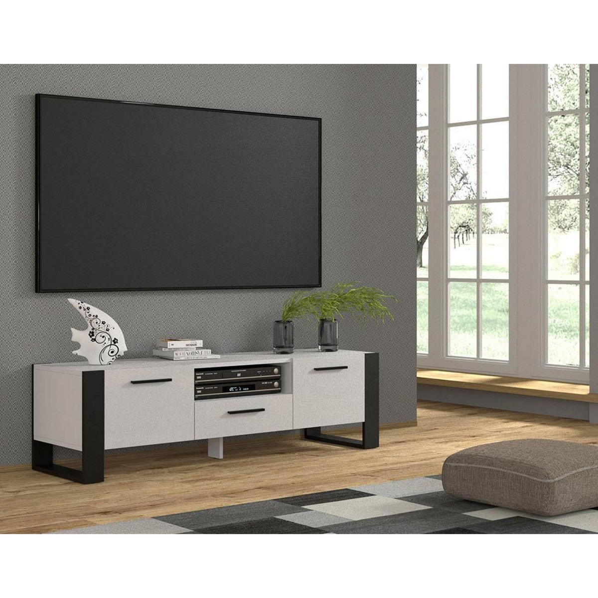 BEST MOBILIER Donnely - meuble tv - blanc et noir - 2 portes, 1 tiroir et 1 niche - 160 cm