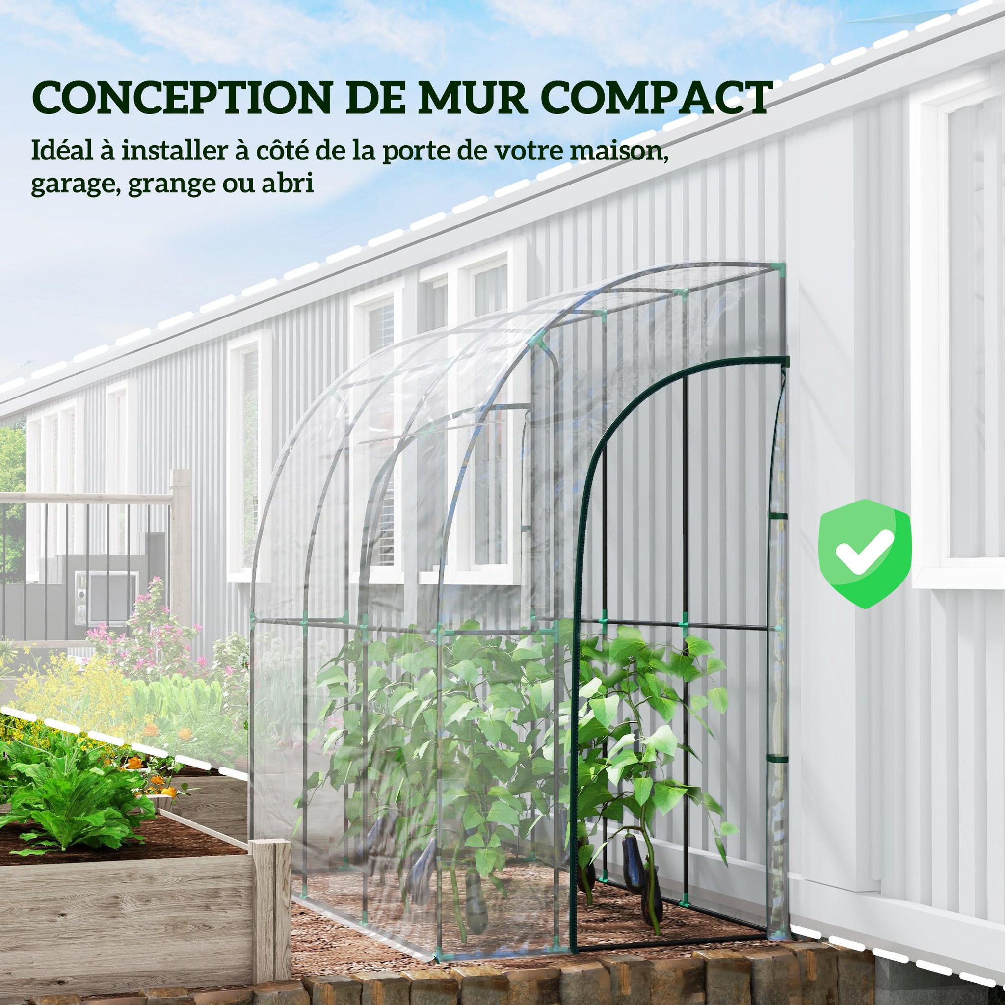 Voir la diapositive 4 : OUTSUNNY Serre de jardin adossée serre adossée dim. 2,14L x 1,18l x 2,12H m 2 portes zippées enroulables acier PVC transparent