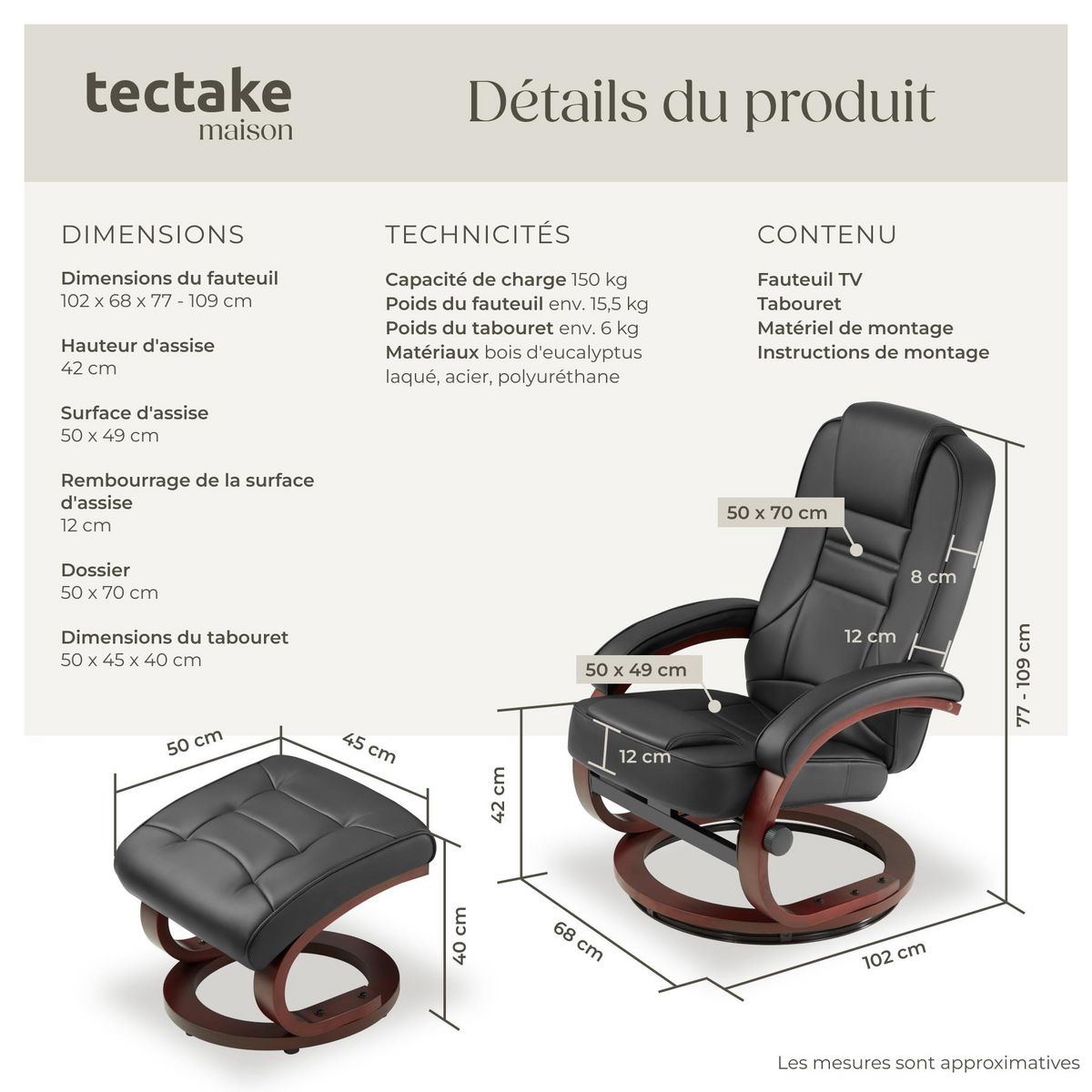 tectake Fauteuil relax pied rond avec repose-pieds noir/marron