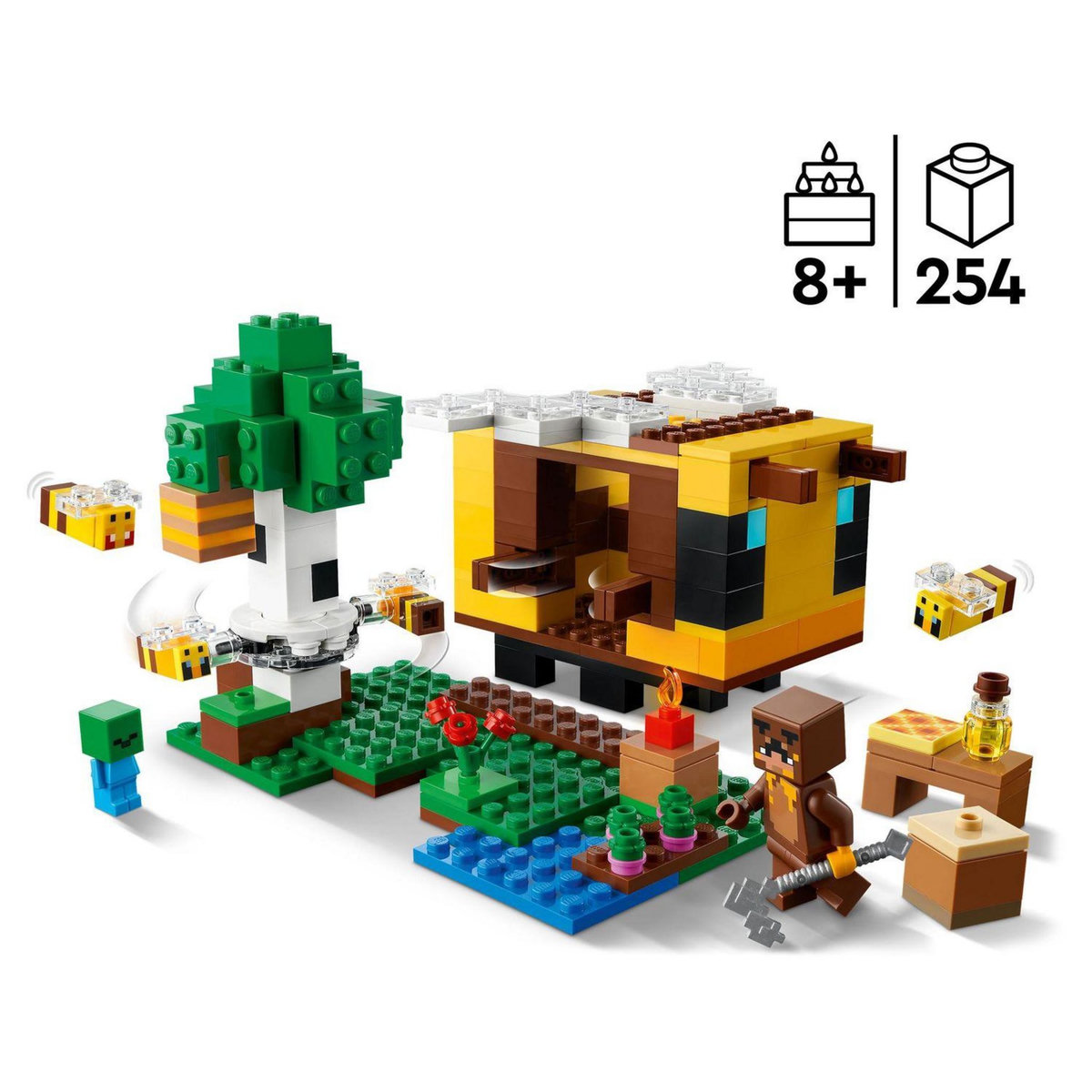 LEGO Minecraft  21241 La cabane Abeille, Jouet, Ferme avec Maison, Zombie et Figurines Animaux
