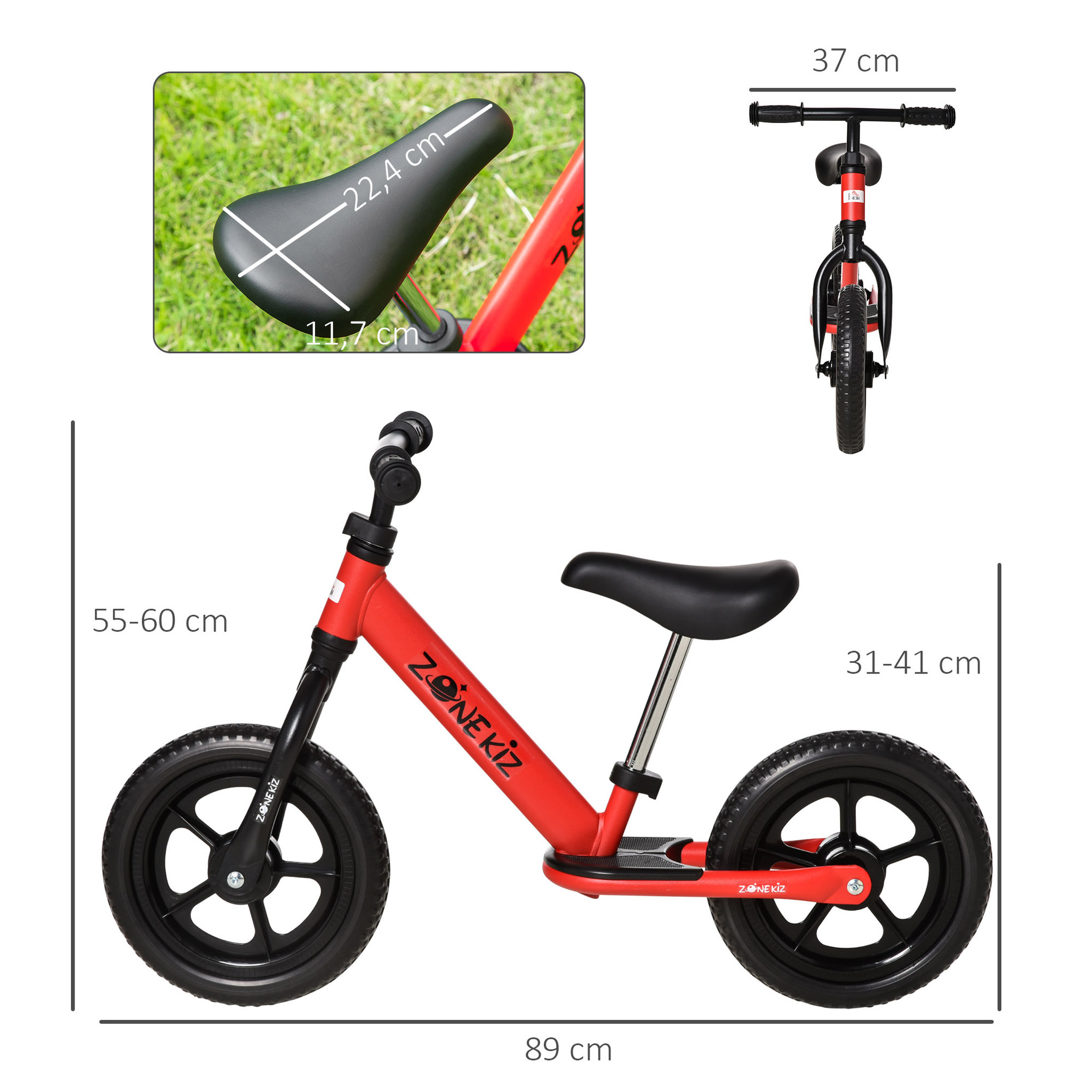 Voir la diapositive 3 : HOMCOM Draisienne enfant roues 12  EVA hauteur selle et guidon réglable cale-pied antidérapant acier rouge noir