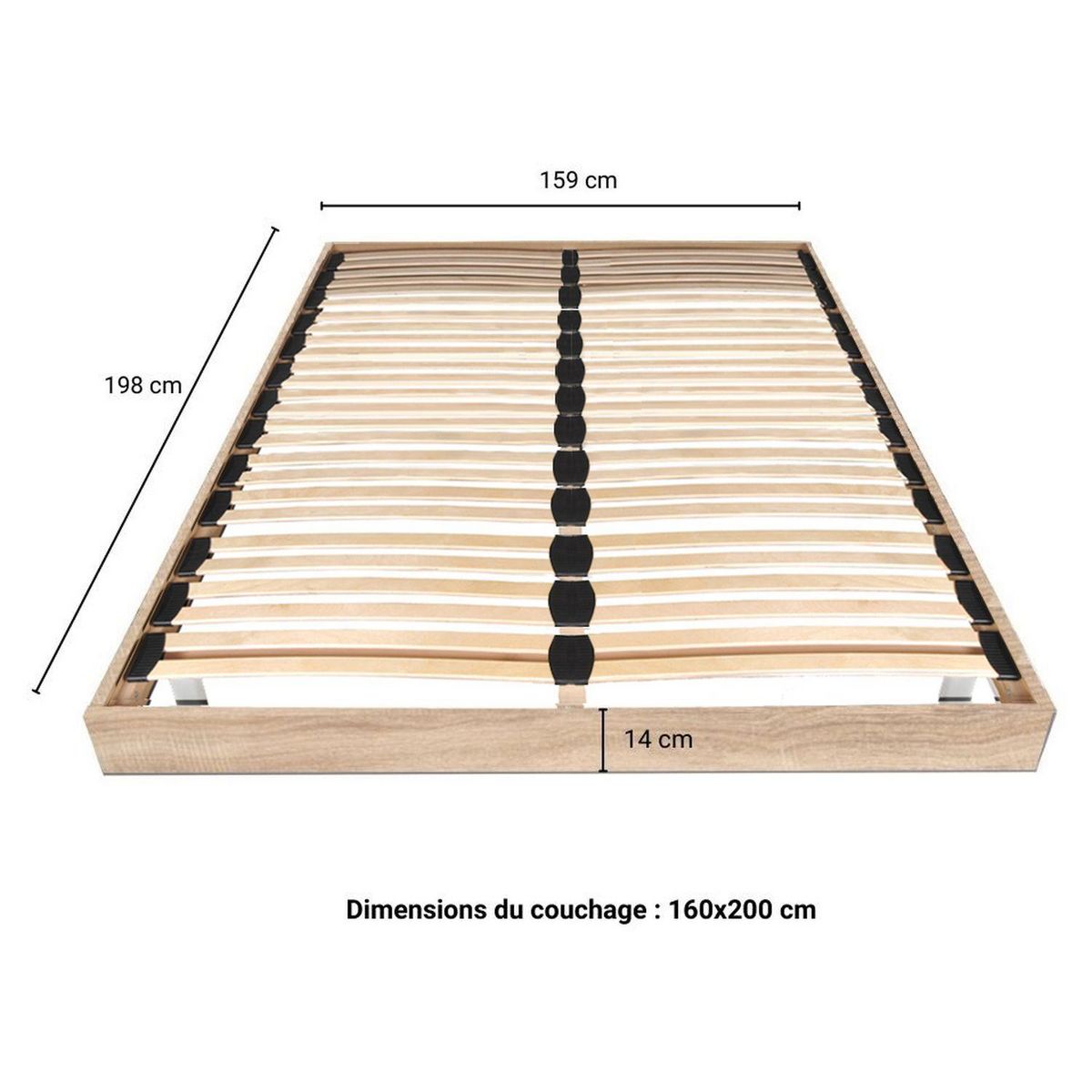 Sommier cadre à lattes sur pieds 160x200 cm 2x26 lattes ASCQ
