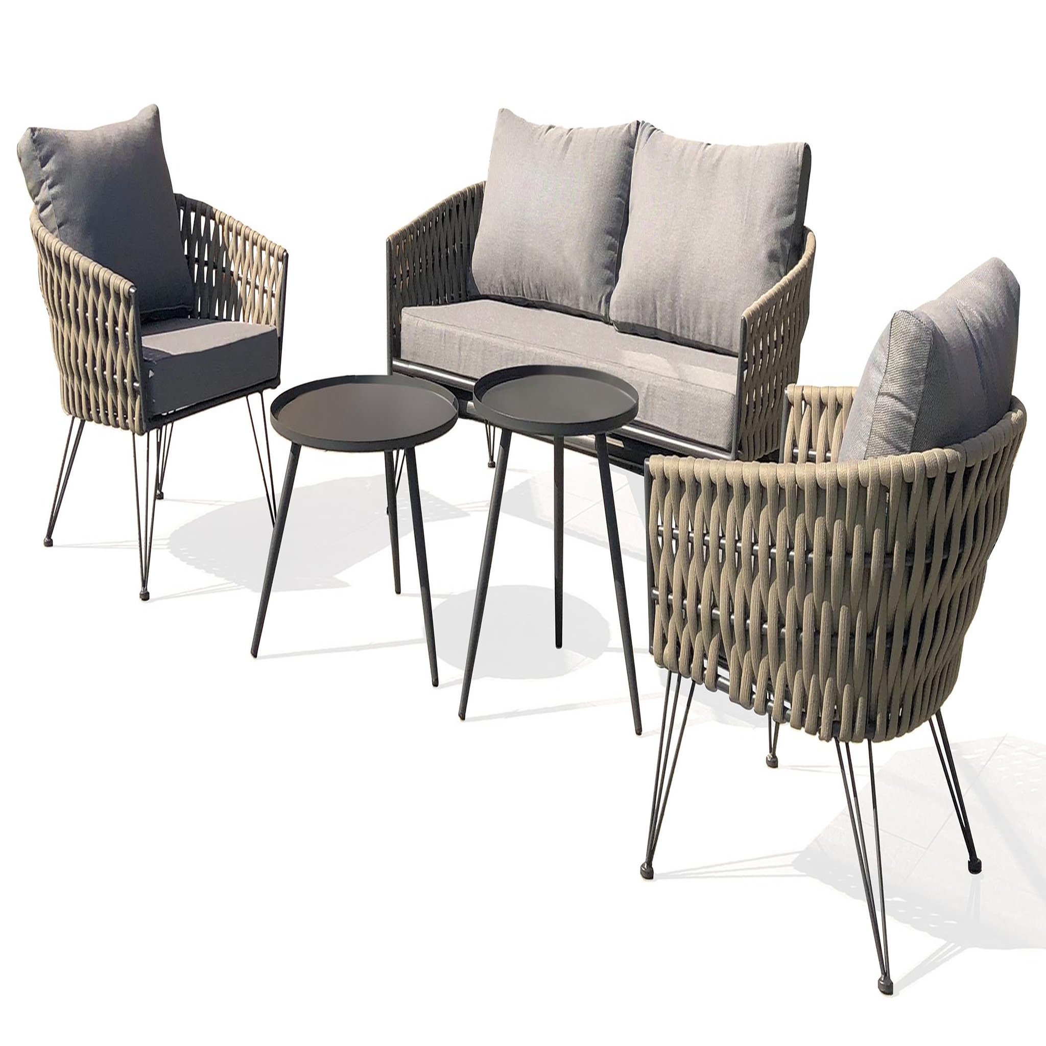 DCB GARDEN Salon bas de jardin en corde tissé taupe et anthracite  4 places CAPRI