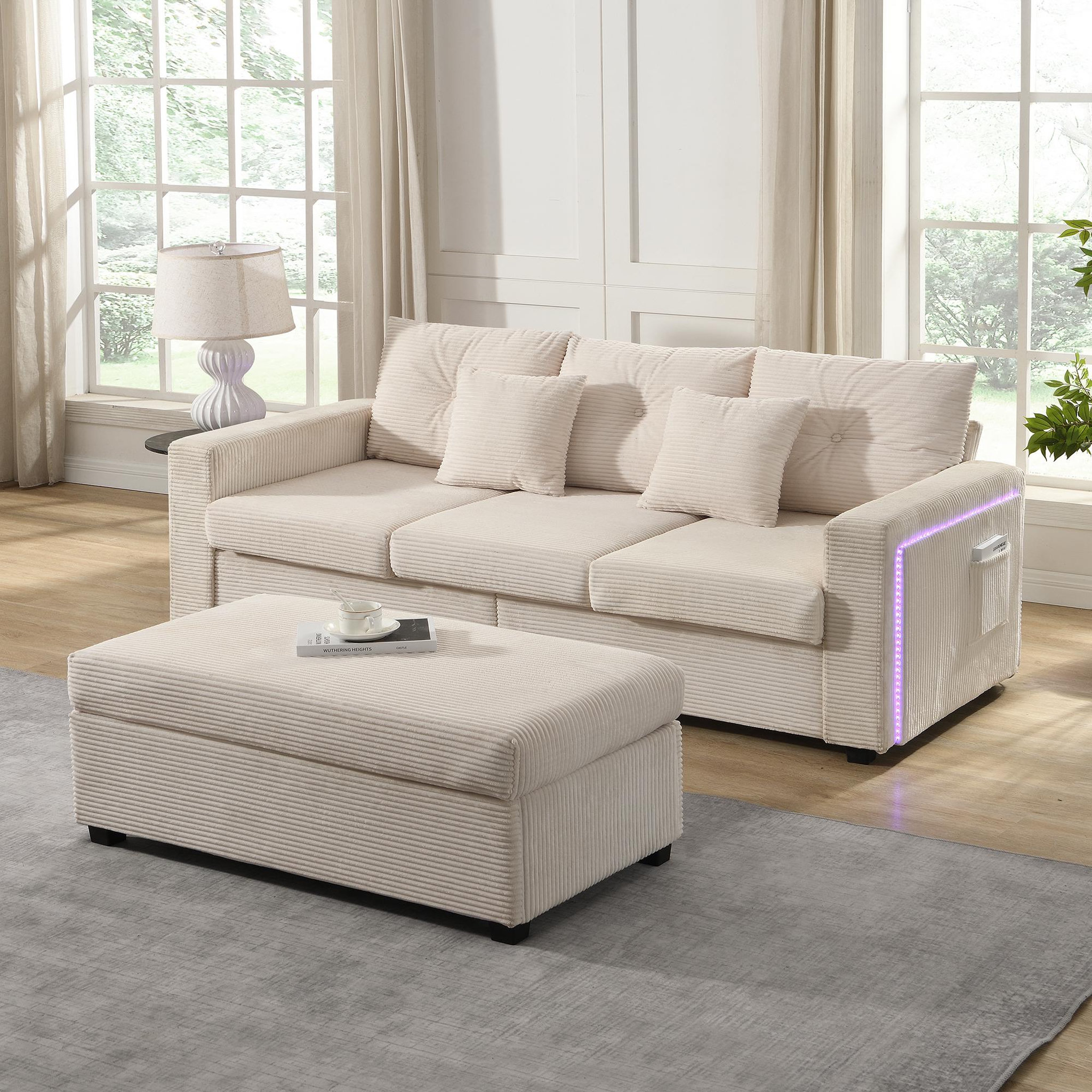 Voir la diapositive 2 : MERAX Canapé d‘angle réversible fixe 3 places tissu led