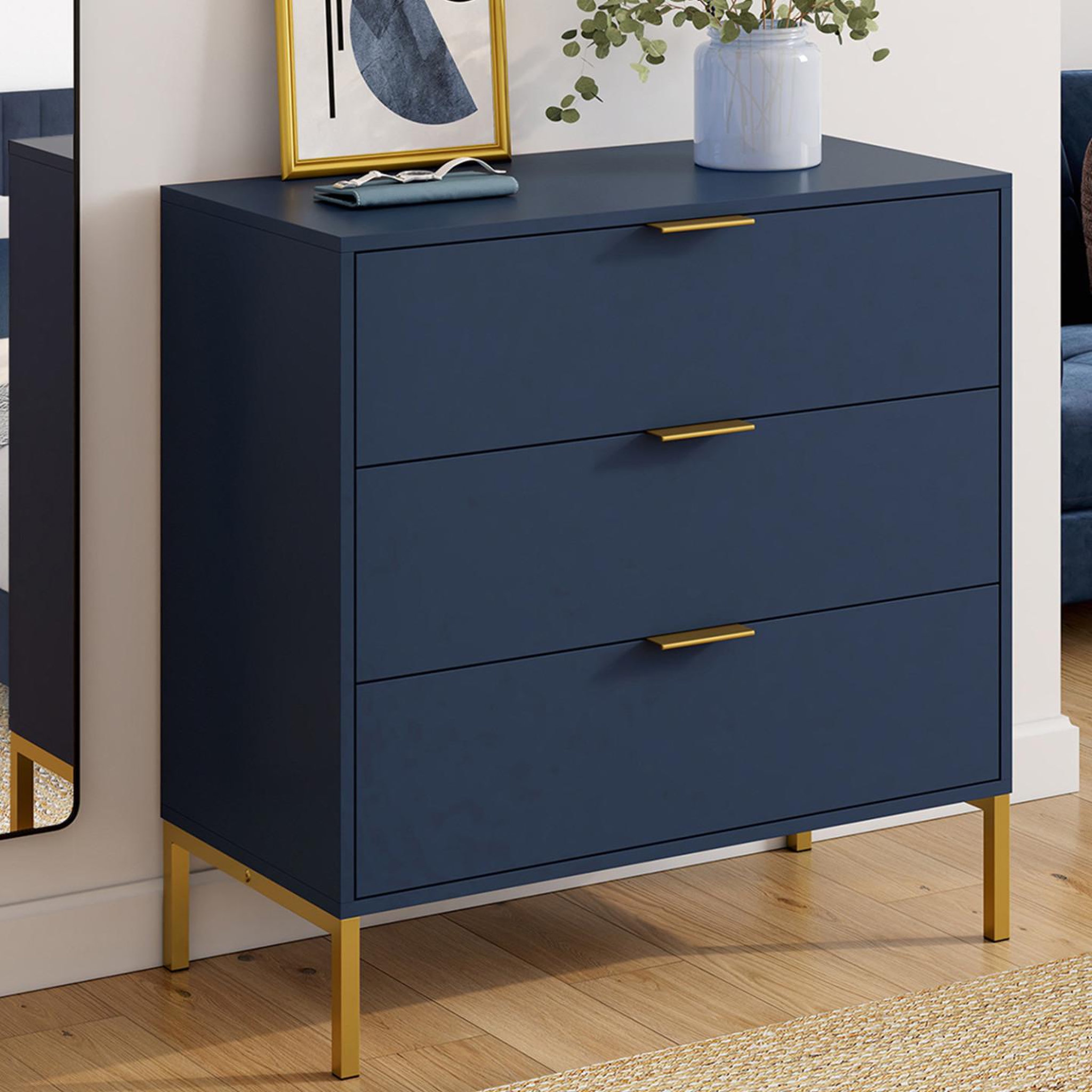 Voir la diapositive 2 : ID MARKET Commode 3 tiroirs blenia 80 cm bleu nuit et finitions dorées