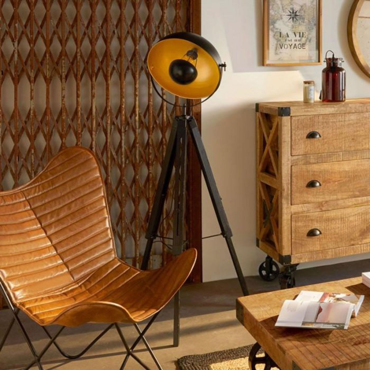 ATMOSPHERA Lampadaire Trépied Design  Lahti  156cm Noir & Or